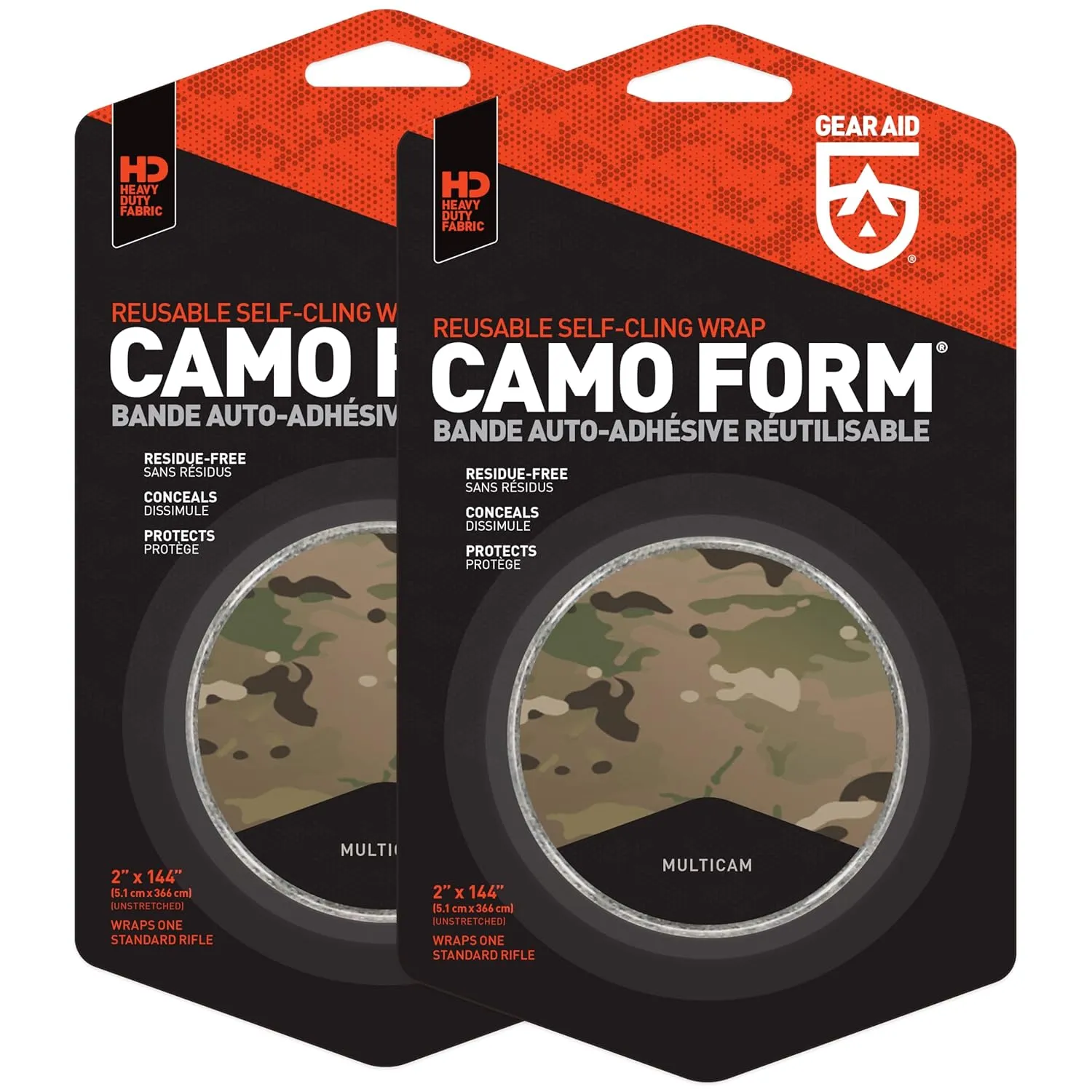 GEAR AID Camo Form Self-Cling and Reusable Fabric Camouflage Wrap, Adds Grip and Shield Hands from Hot or Cold Surfaces to Protect You and Your Equipment, Multicam, 2” x 144” Roll, 2 Pack