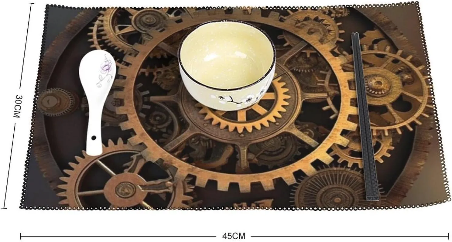Gears Clock Bronze Century Placemats Set of 6, Waterproof Hard Canvas Heat Resistant Mats for Kitchen Dining Room Table Decorations, Anti Slip Dining Table Place Mats for Indoor & Outdoor Use