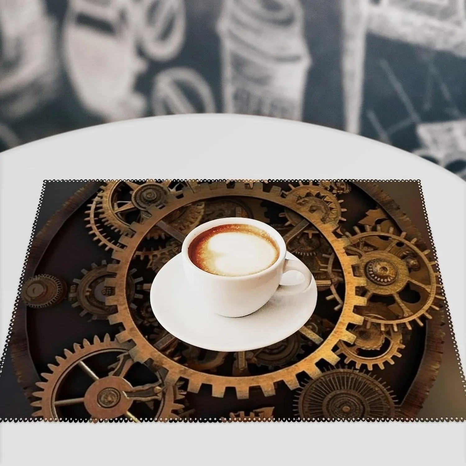 Gears Clock Bronze Century Placemats Set of 6, Waterproof Hard Canvas Heat Resistant Mats for Kitchen Dining Room Table Decorations, Anti Slip Dining Table Place Mats for Indoor & Outdoor Use
