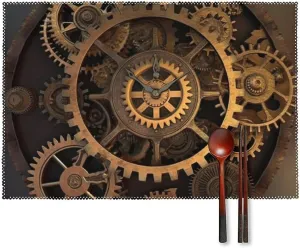 Gears Clock Bronze Century Placemats Set of 6, Waterproof Hard Canvas Heat Resistant Mats for Kitchen Dining Room Table Decorations, Anti Slip Dining Table Place Mats for Indoor & Outdoor Use
