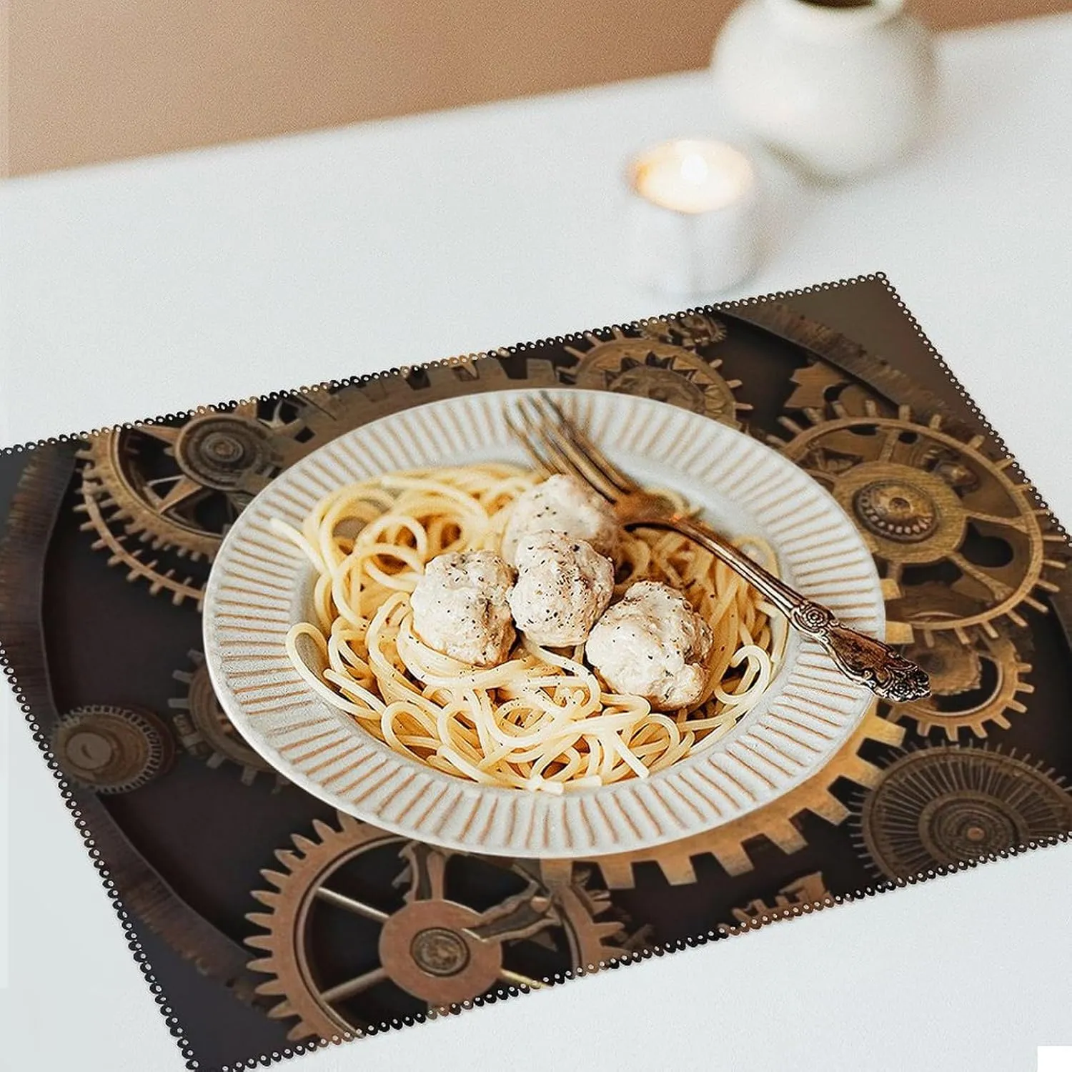 Gears Clock Bronze Century Placemats Set of 6, Waterproof Hard Canvas Heat Resistant Mats for Kitchen Dining Room Table Decorations, Anti Slip Dining Table Place Mats for Indoor & Outdoor Use