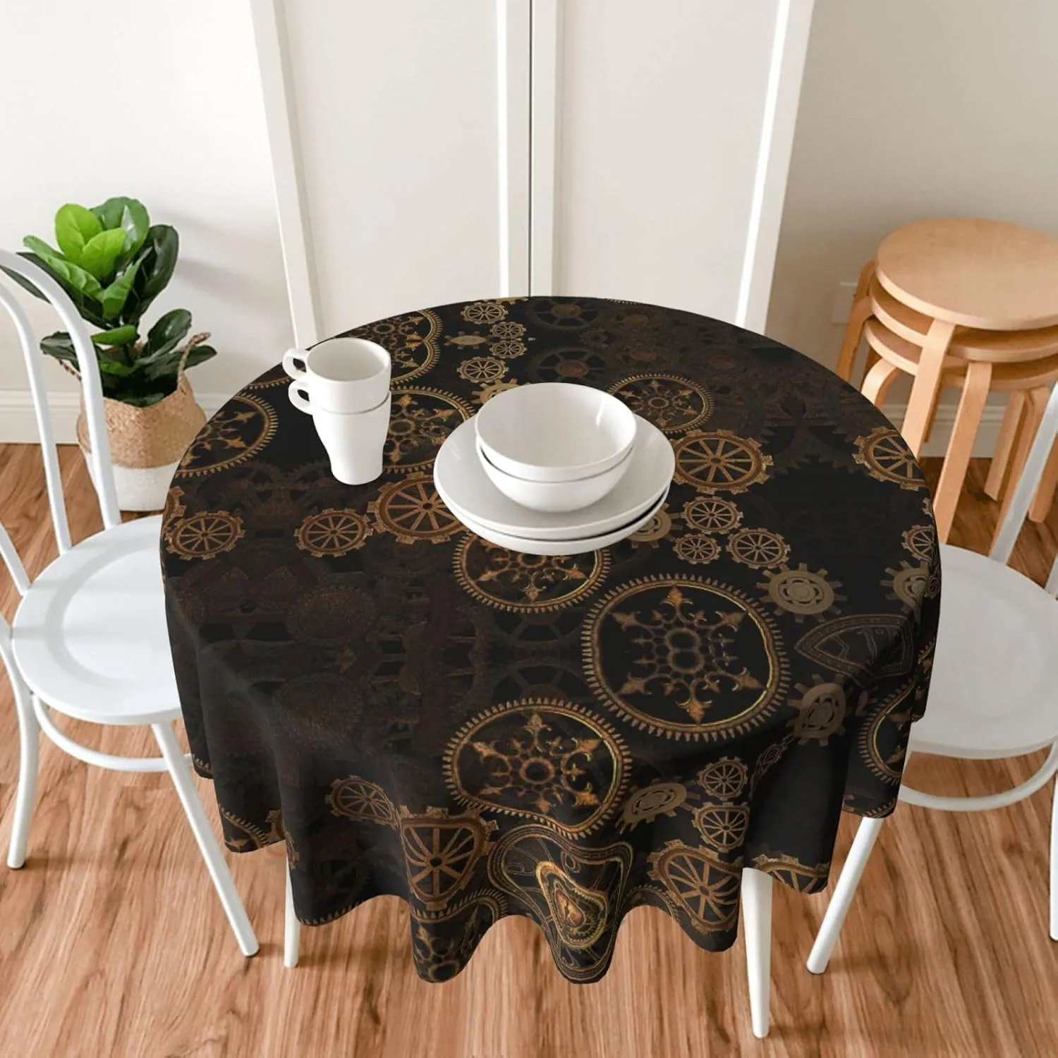 Gears Clock Bronze Century Table Cover,Round Tablecloth, 60 X 60 Wrinkle Table Protector for Outdoor and Kitchen Dining Room