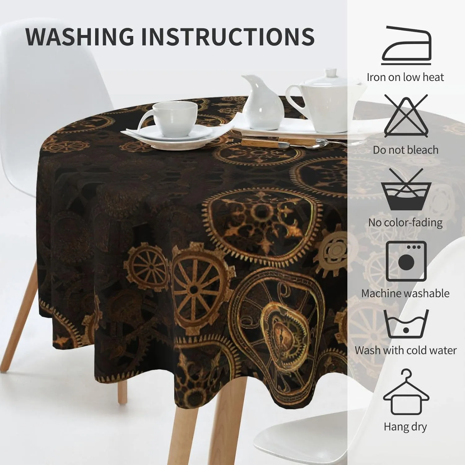 Gears Clock Bronze Century Table Cover,Round Tablecloth, 60 X 60 Wrinkle Table Protector for Outdoor and Kitchen Dining Room