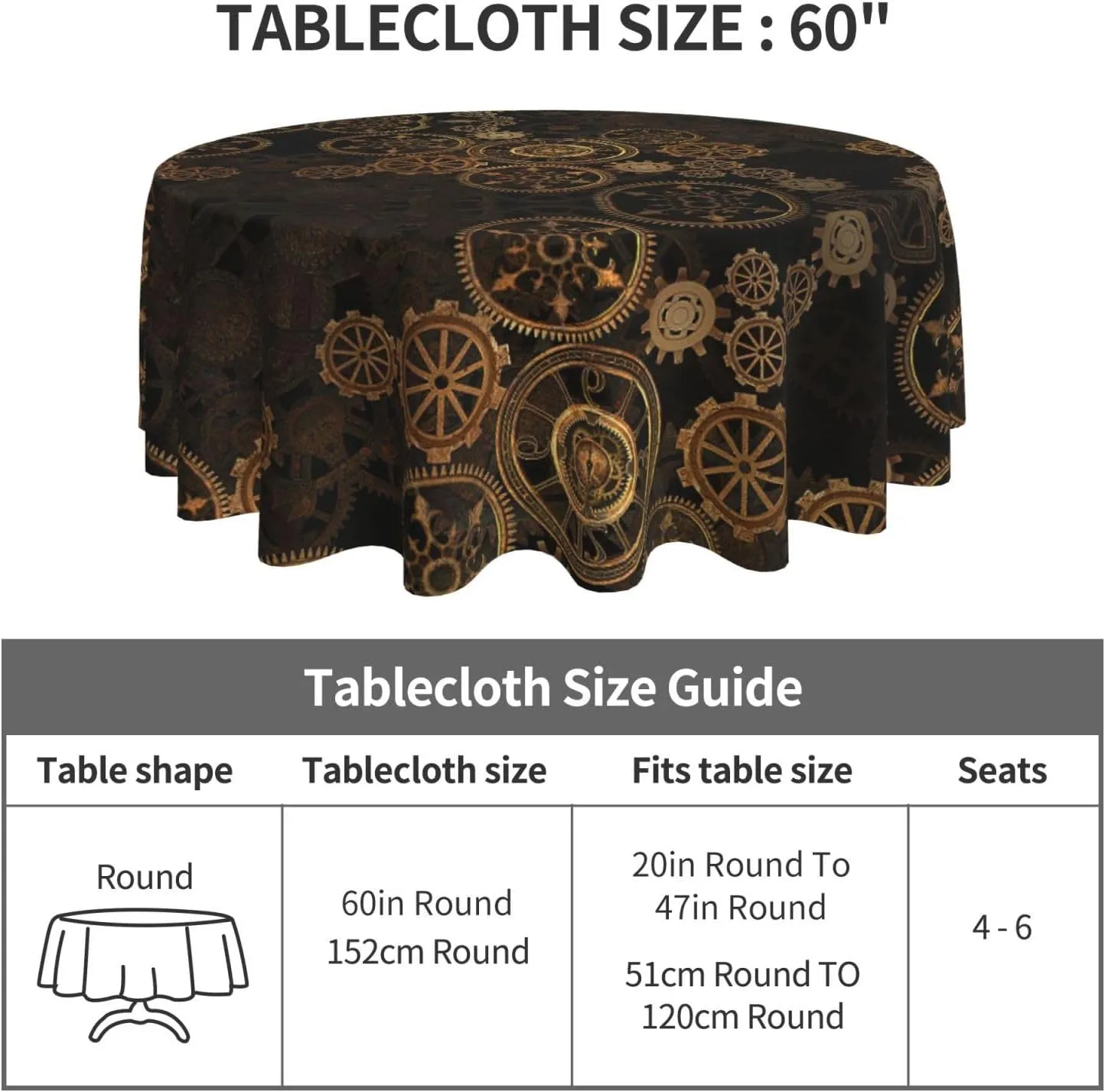 Gears Clock Bronze Century Table Cover,Round Tablecloth, 60 X 60 Wrinkle Table Protector for Outdoor and Kitchen Dining Room