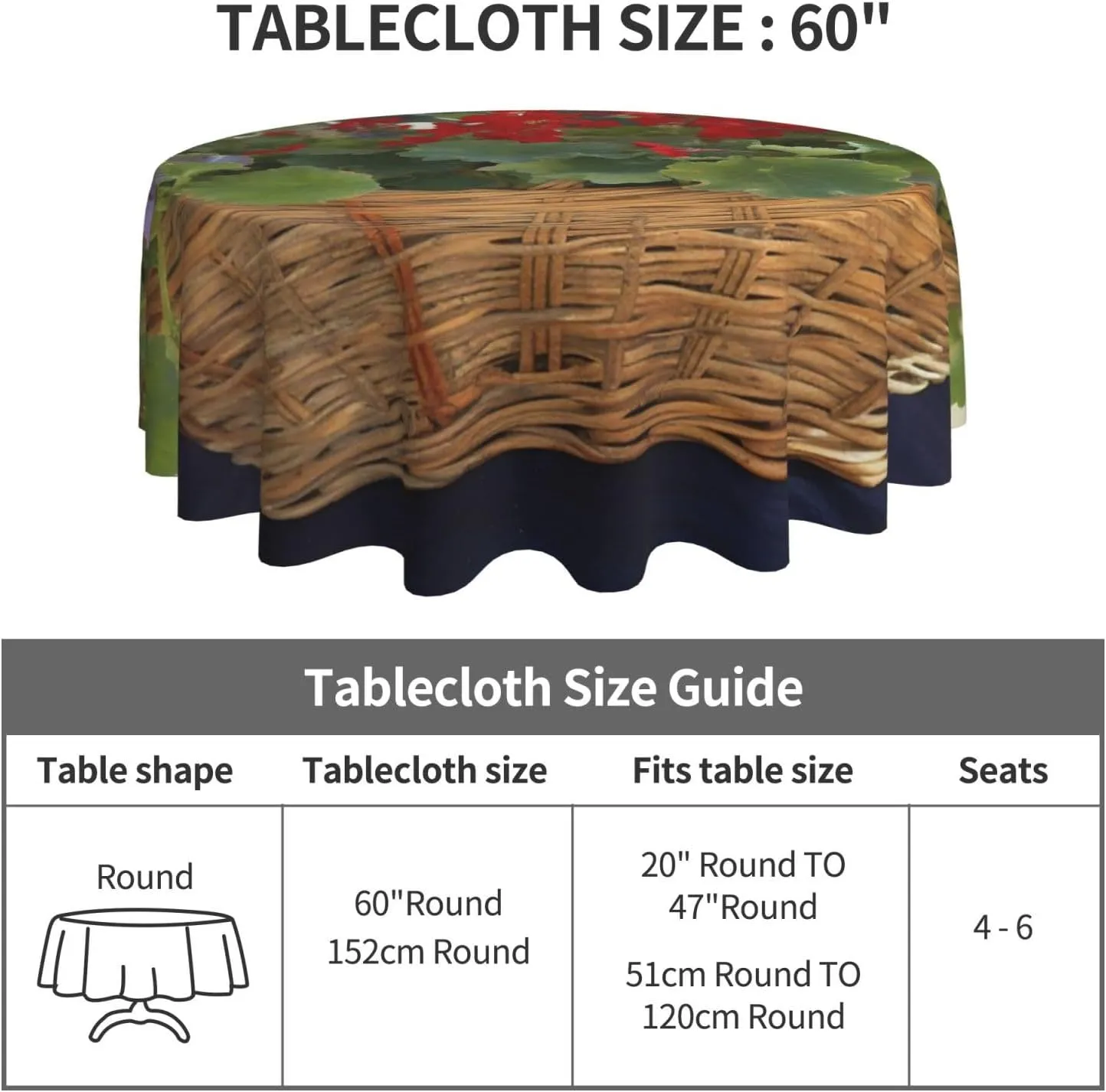 Geranium Basket Print Tablecloth Spill-Proof Water Table Cloth Decorative Fabric Table Cover for Home Kitchen Indoor and Outdoor Dining Table 60 Inch