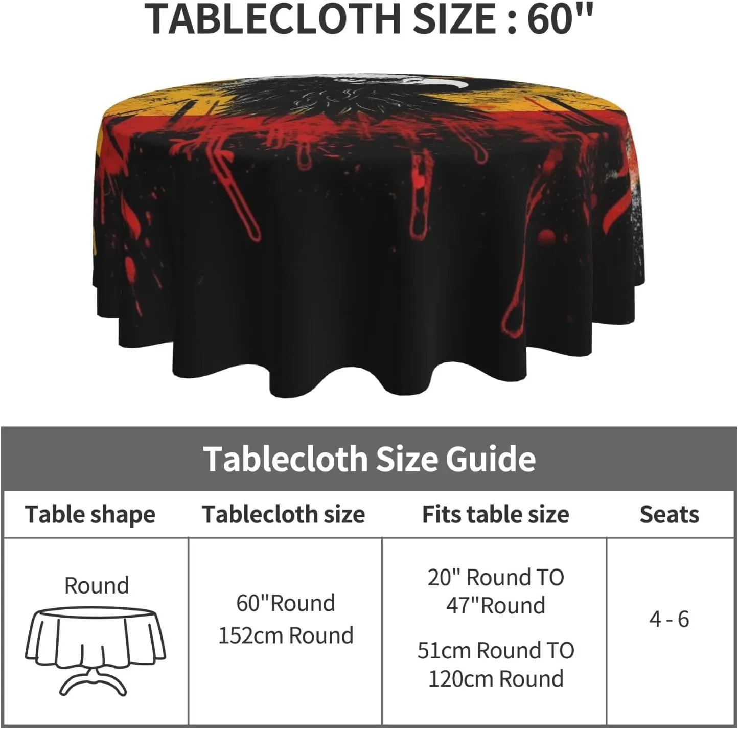 Germany Flag Eagle Print Tablecloth Spill-Proof Water Table Cloth Decorative Fabric Table Cover for Home Kitchen Indoor and Outdoor Dining Table 60 Inch