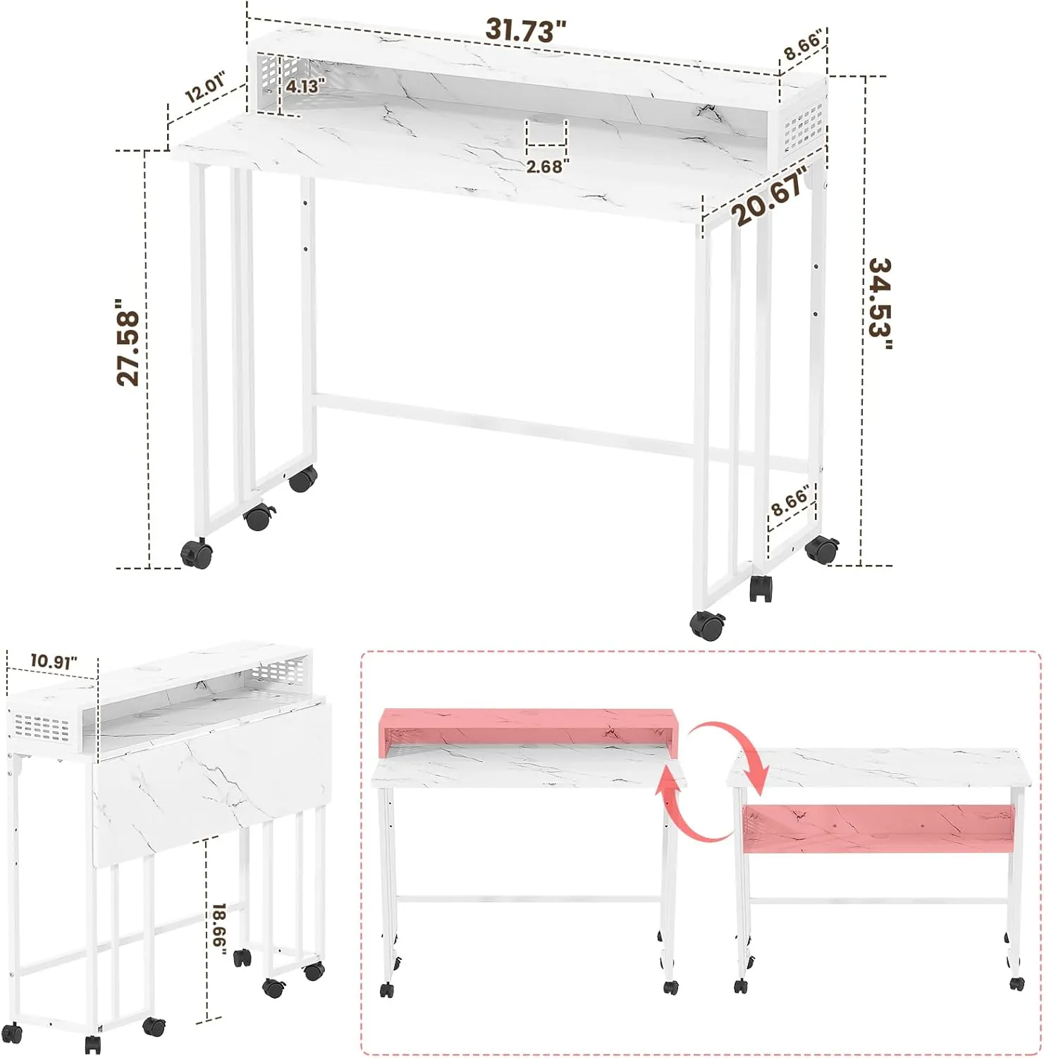 Gezen Folding Desk with Storage Shelf, Mobile Couch Desk Sofa Side Table Bed for Home Office Small Space, White Marble, 31.5