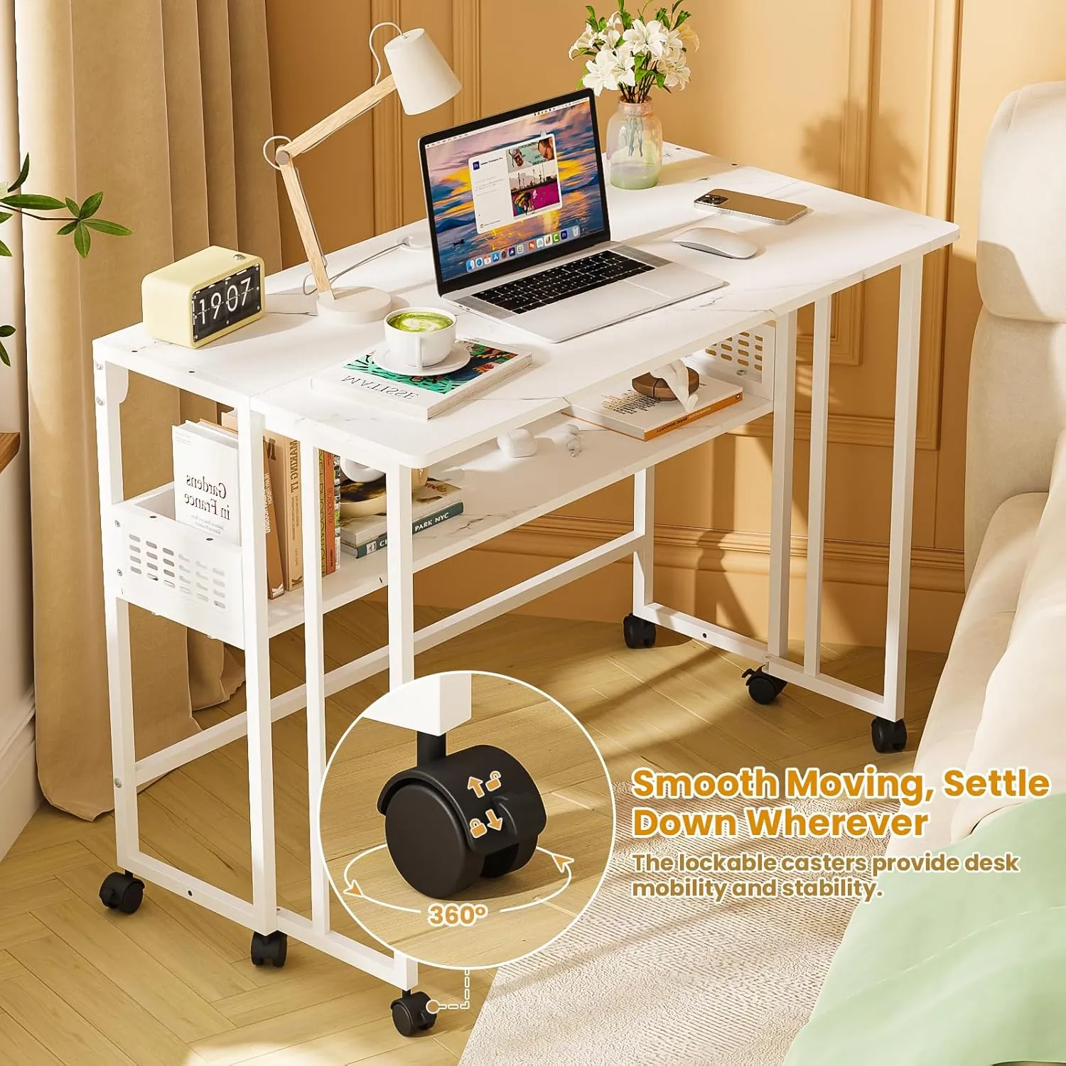 Gezen Folding Desk with Storage Shelf, Mobile Couch Desk Sofa Side Table Bed for Home Office Small Space, White Marble, 31.5