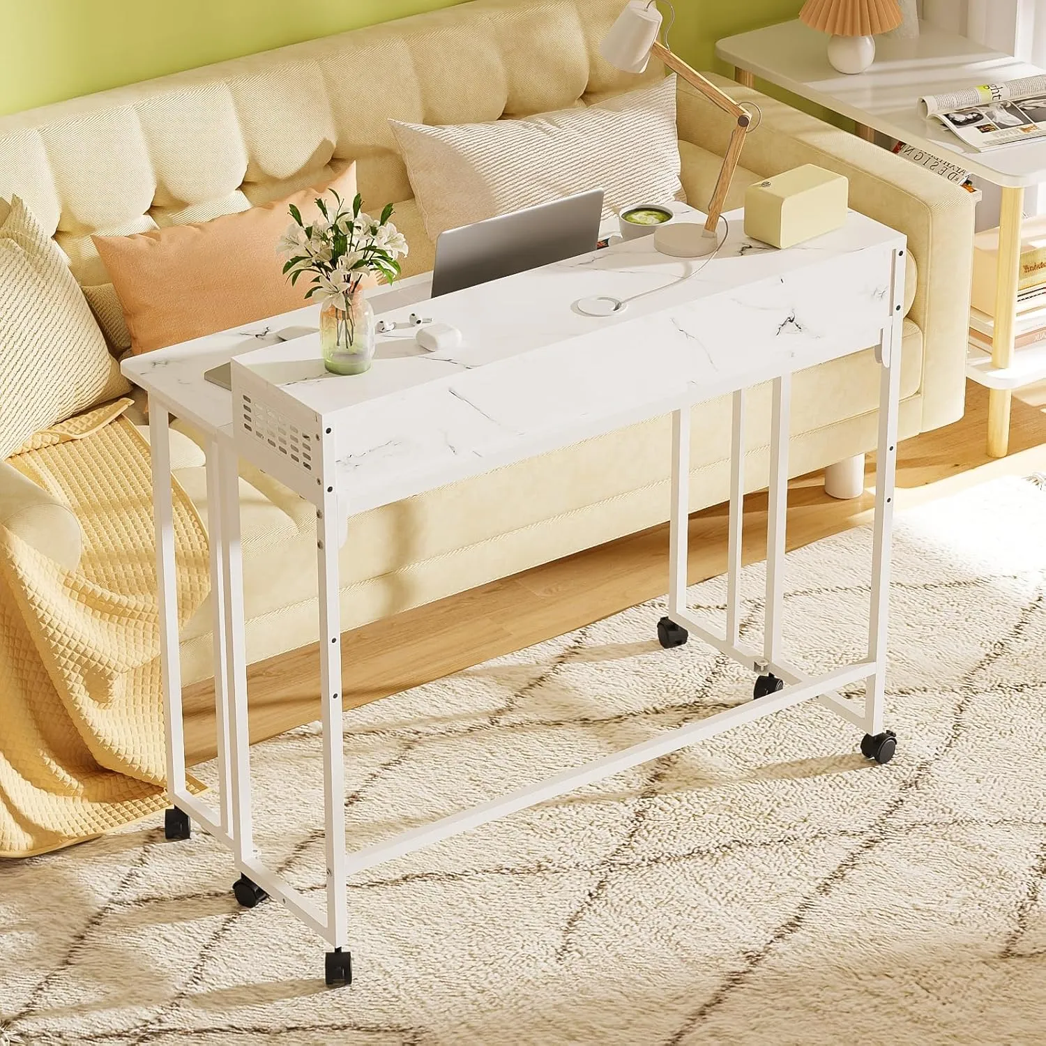 Gezen Folding Desk with Storage Shelf, Mobile Couch Desk Sofa Side Table Bed for Home Office Small Space, White Marble, 31.5