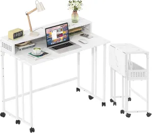Gezen Folding Desk with Storage Shelf, Mobile Couch Desk Sofa Side Table Bed for Home Office Small Space, White Marble, 31.5