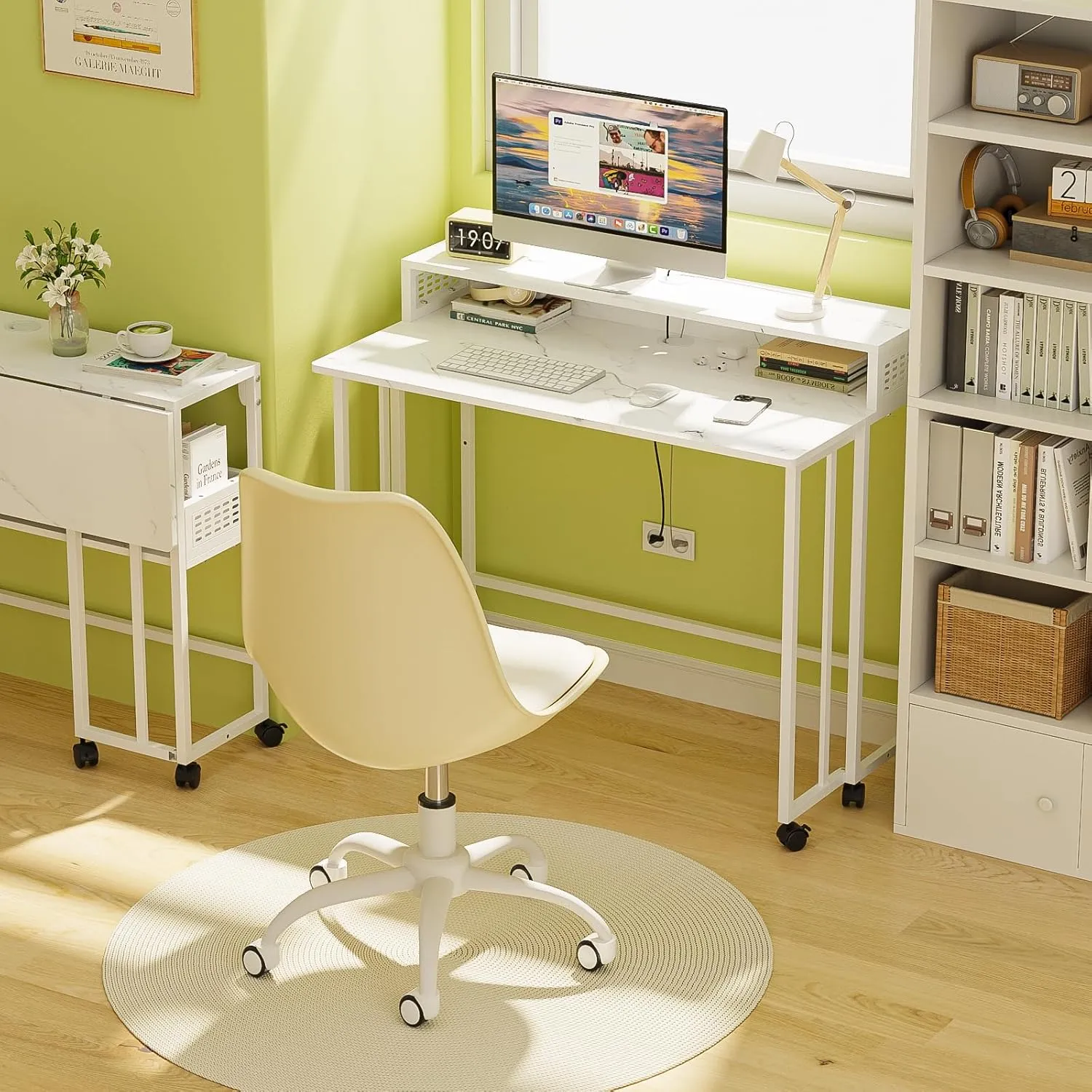 Gezen Folding Desk with Storage Shelf, Mobile Couch Desk Sofa Side Table Bed for Home Office Small Space, White Marble, 31.5