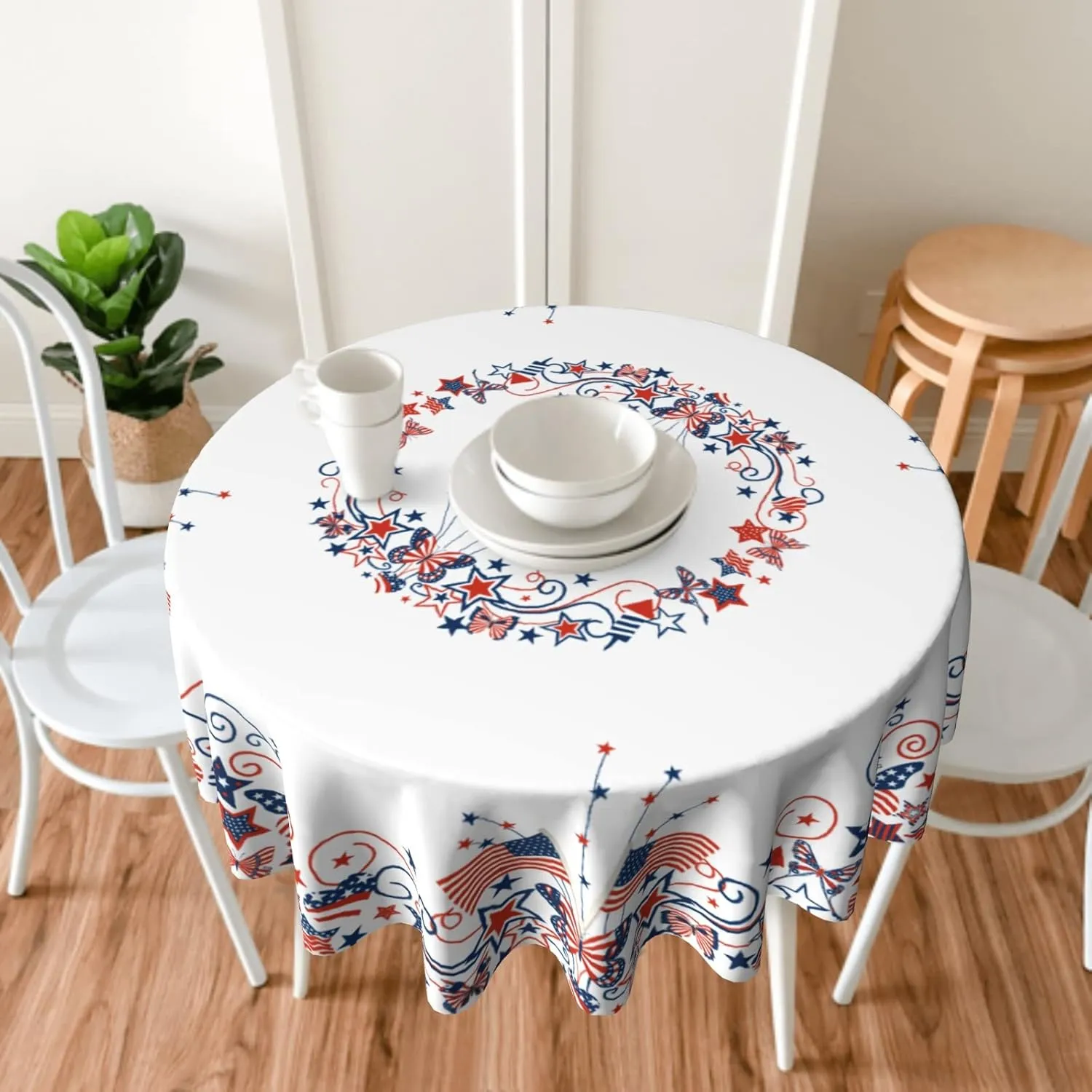 Giwawa USA Flag Tablecloth Round American Stars Butterflies Circle Table Cloth 60 Inch 4th of July Memorial Day Patriotic Heat Resistant Reusable Table Cover for Holiday Kitchen Dinning Party Decor