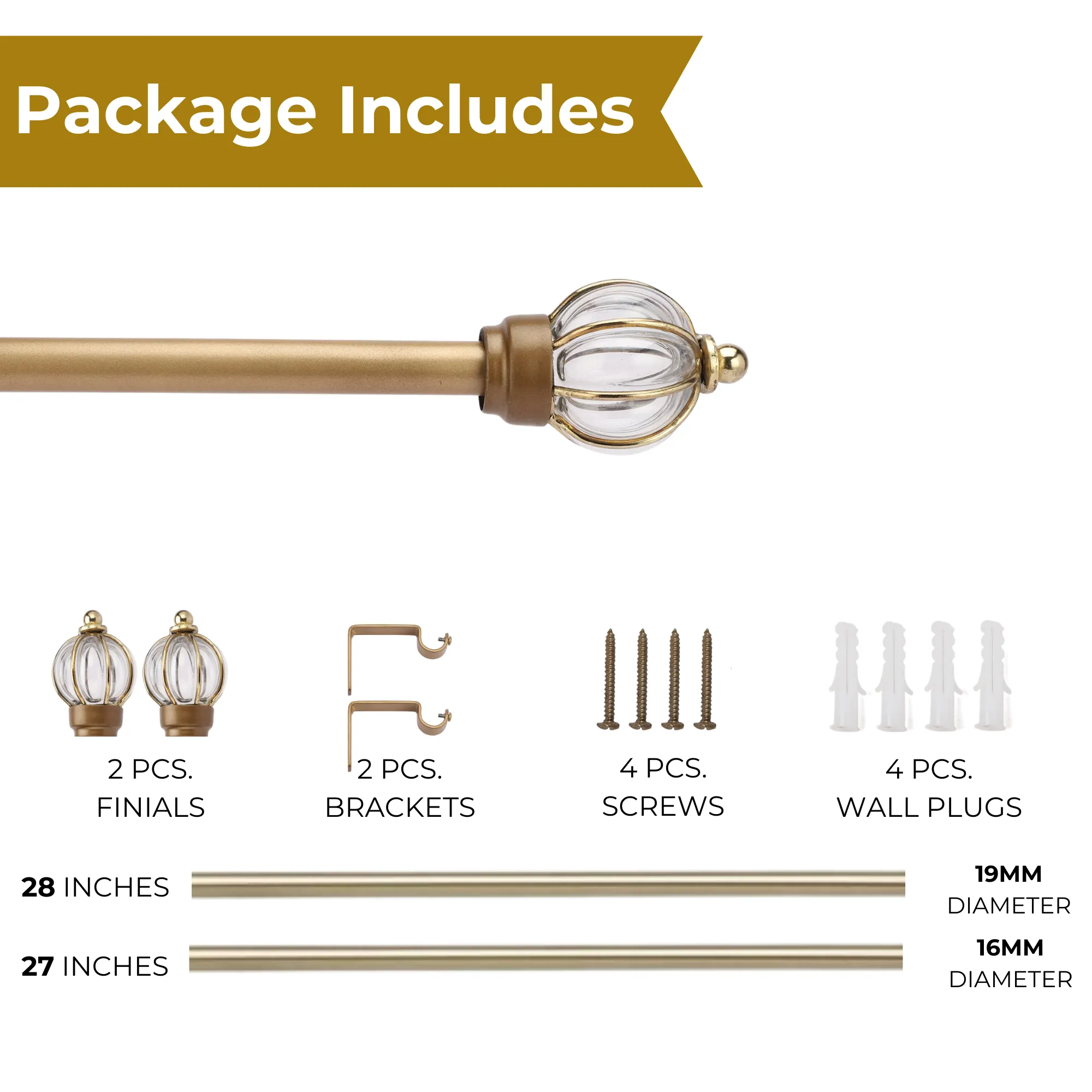 Glass Metal Royal Finial Extendable Curtain Rod Gold 19MM (Hardware Included)