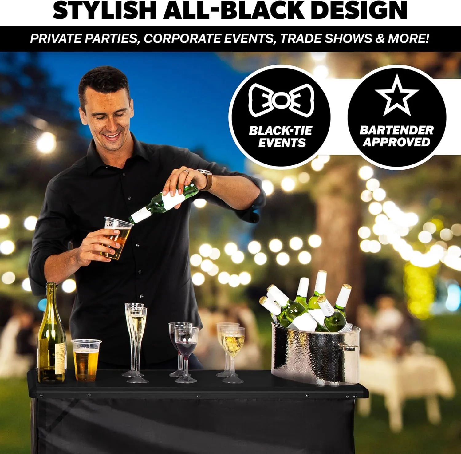 GoBar Portable Bar Table for Events - Black, 3 Skirts, or LED - Pop Up Mobile Bartending Station with Travel Carrying Case