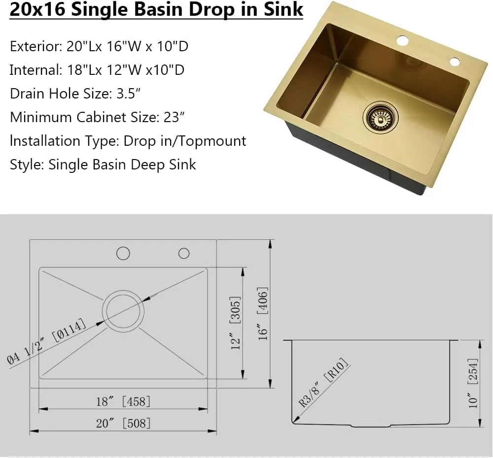 Gold Bar Sink, 20" x 16" Drop in Kitchen Sink Stainless Steel Small Wet Bar RV 16 Gauge Single Bowl Deep Basin with Drain Strainer