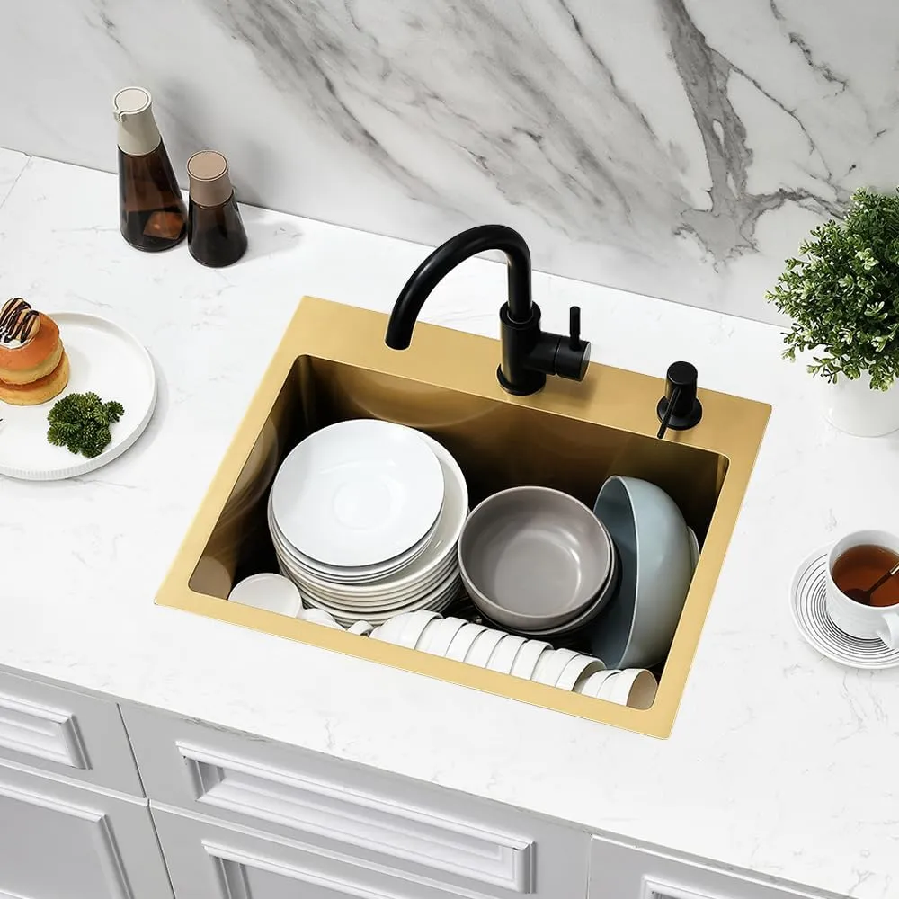 Gold Bar Sink, 20" x 16" Drop in Kitchen Sink Stainless Steel Small Wet Bar RV 16 Gauge Single Bowl Deep Basin with Drain Strainer