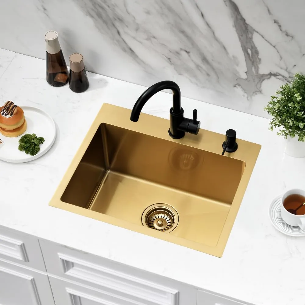 Gold Bar Sink, 20" x 16" Drop in Kitchen Sink Stainless Steel Small Wet Bar RV 16 Gauge Single Bowl Deep Basin with Drain Strainer