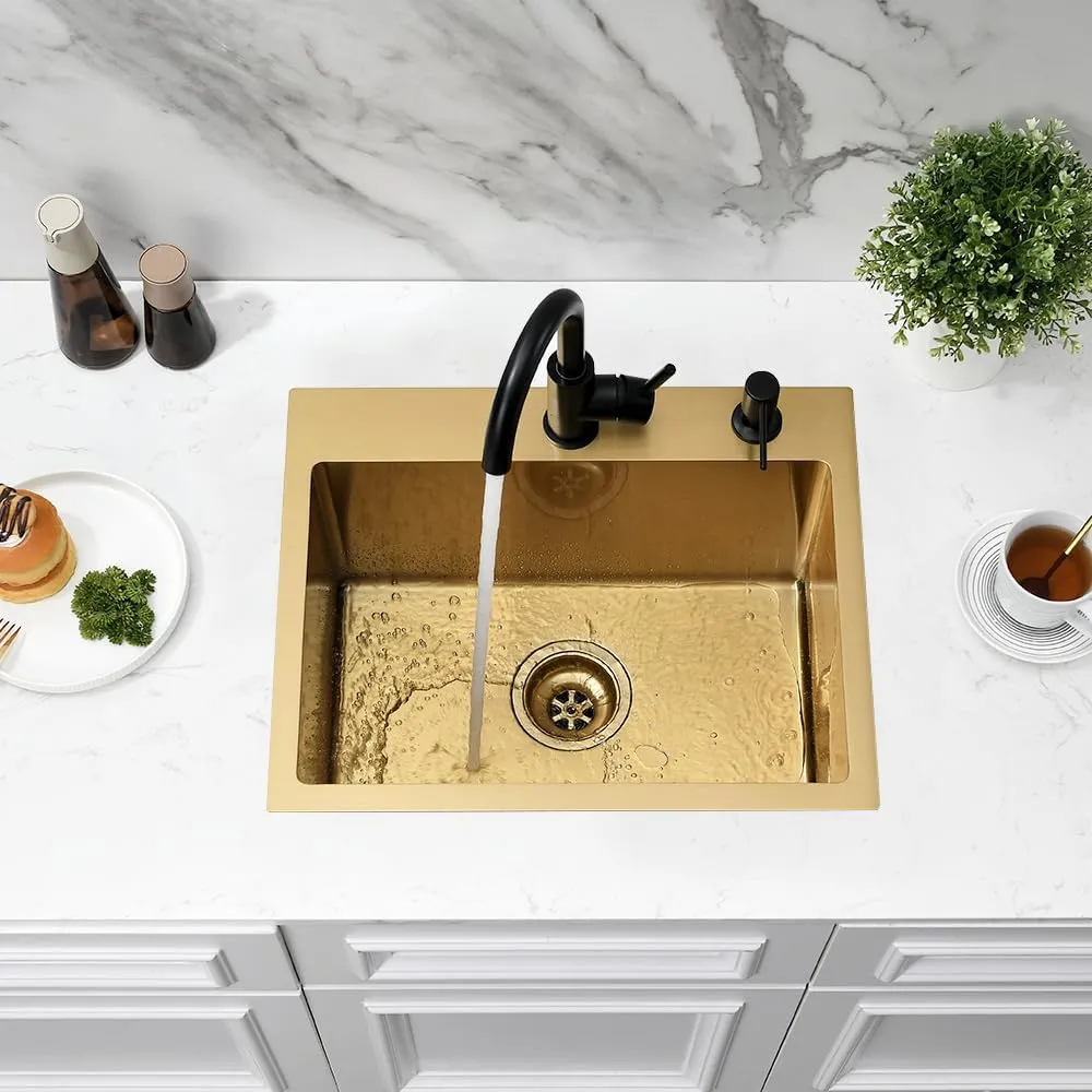 Gold Bar Sink, 20" x 16" Drop in Kitchen Sink Stainless Steel Small Wet Bar RV 16 Gauge Single Bowl Deep Basin with Drain Strainer