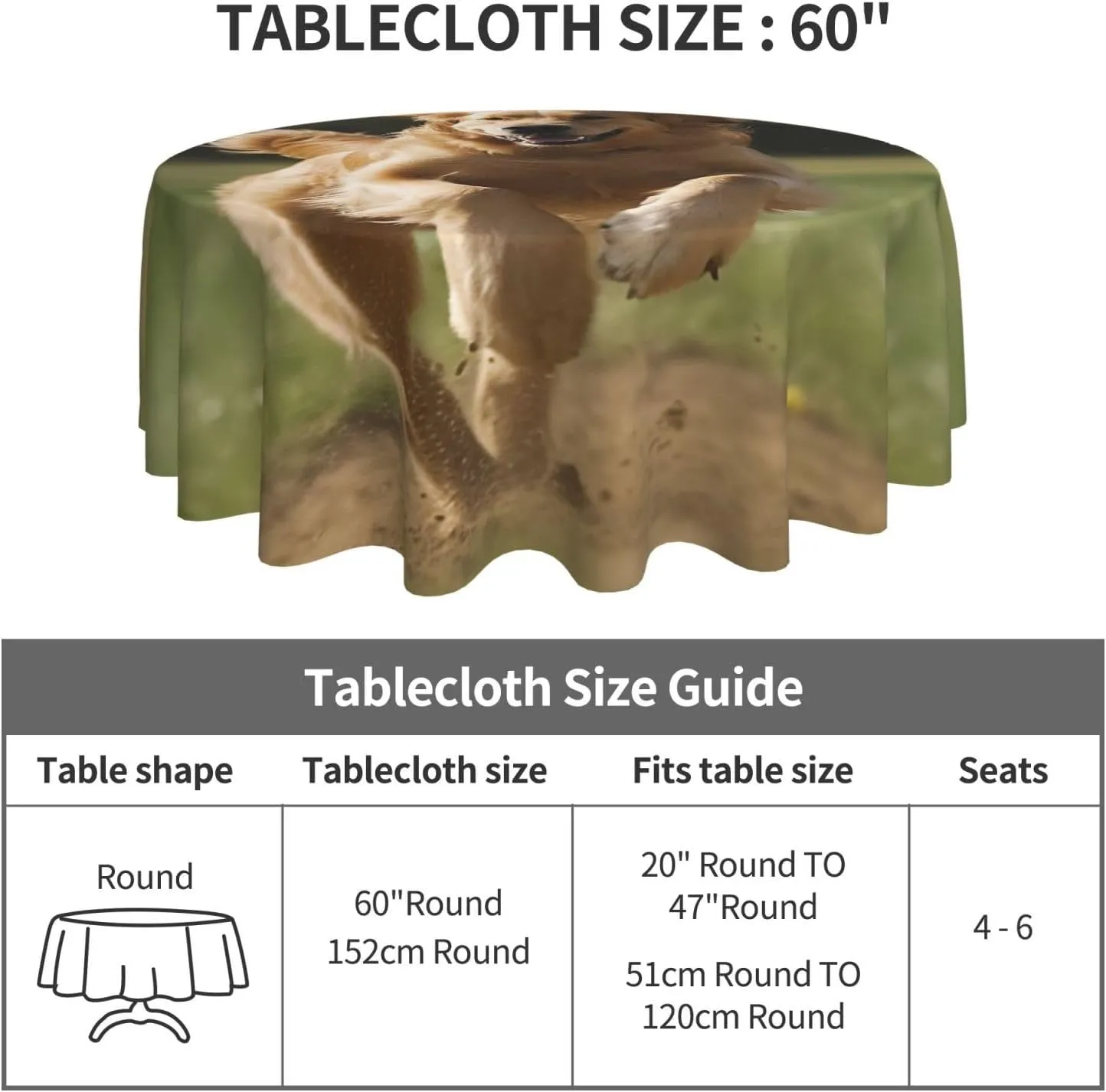 Golden Retriever Running Print Tablecloth Spill-Proof Water Table Cloth Decorative Fabric Table Cover for Home Kitchen Indoor and Outdoor Dining Table 60 Inch