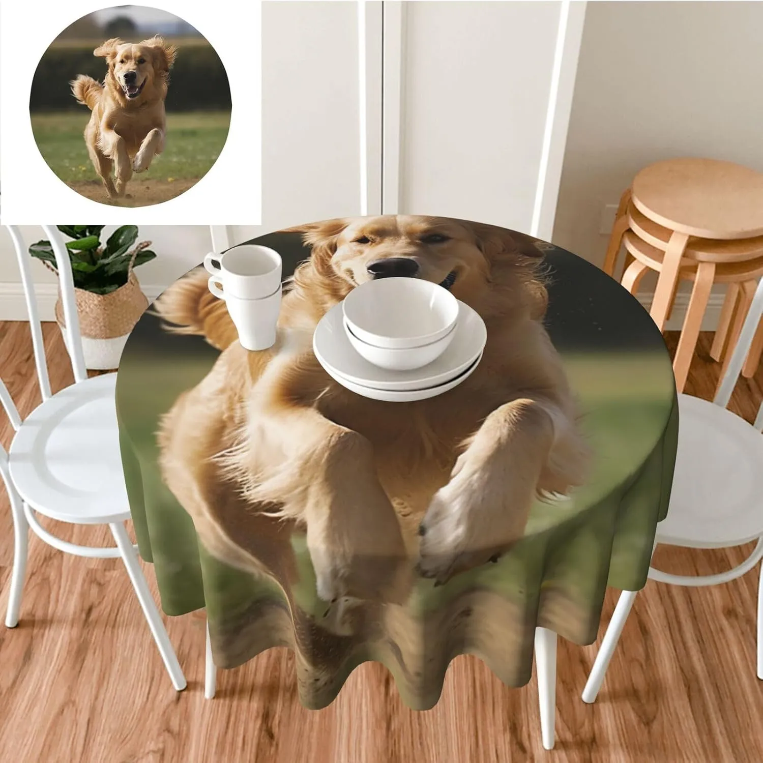 Golden Retriever Running Print Tablecloth Spill-Proof Water Table Cloth Decorative Fabric Table Cover for Home Kitchen Indoor and Outdoor Dining Table 60 Inch