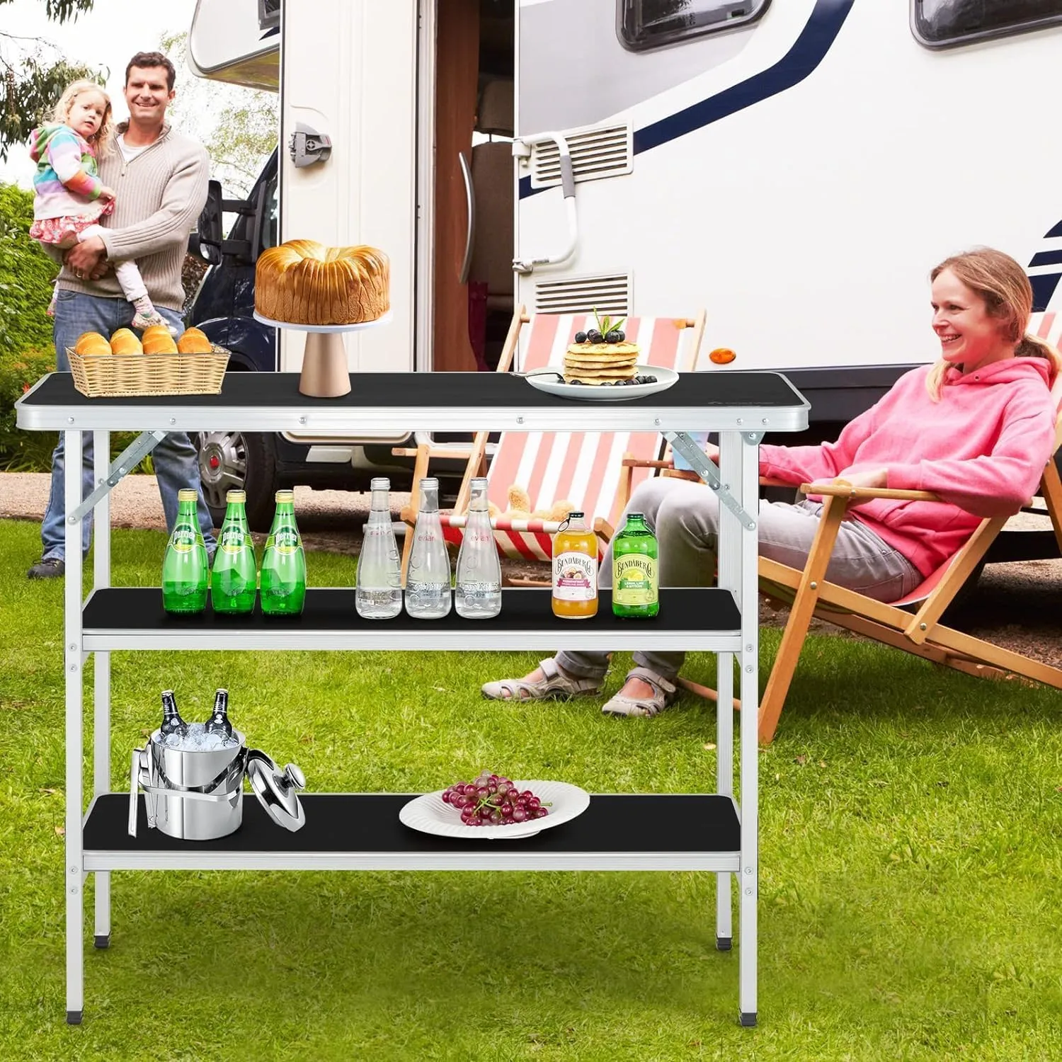 Goplus Folding Camping Table, Foldable Camp Table with 2-Tier Storage Shelves, Removable Cloth Cover, Aluminum Portable Pop-Up Bar Table for Picnic, Tailgate, Party, Travel, Outdoor