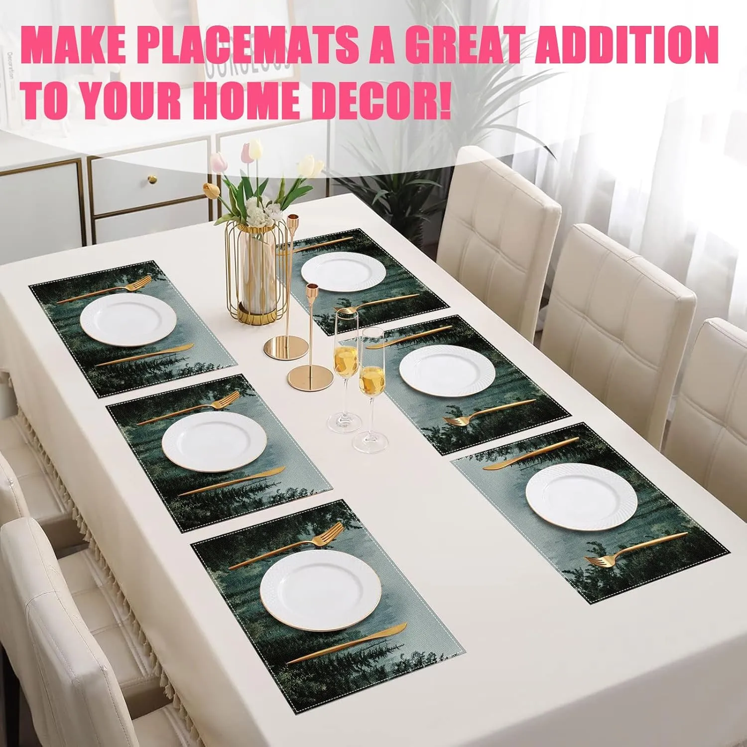 Green Misty Forest Placemats Set of 6,12x18 Inch Mountain Linen Place Mat Washable Stain Resistant Table Mats for Spring Summer Seasonal Farmhouse Kitchen Party Home Decor