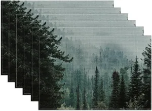 Green Misty Forest Placemats Set of 6,12x18 Inch Mountain Linen Place Mat Washable Stain Resistant Table Mats for Spring Summer Seasonal Farmhouse Kitchen Party Home Decor