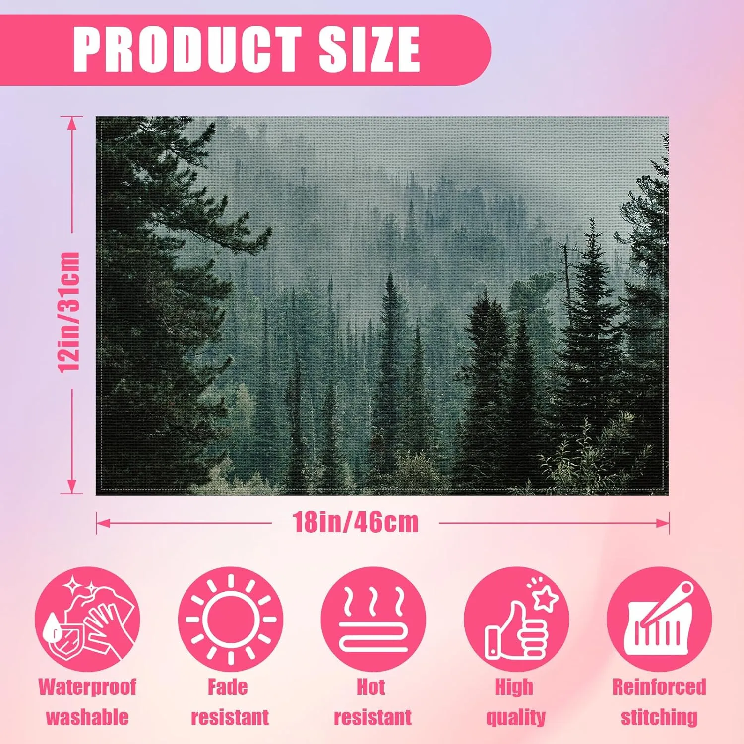 Green Misty Forest Placemats Set of 6,12x18 Inch Mountain Linen Place Mat Washable Stain Resistant Table Mats for Spring Summer Seasonal Farmhouse Kitchen Party Home Decor
