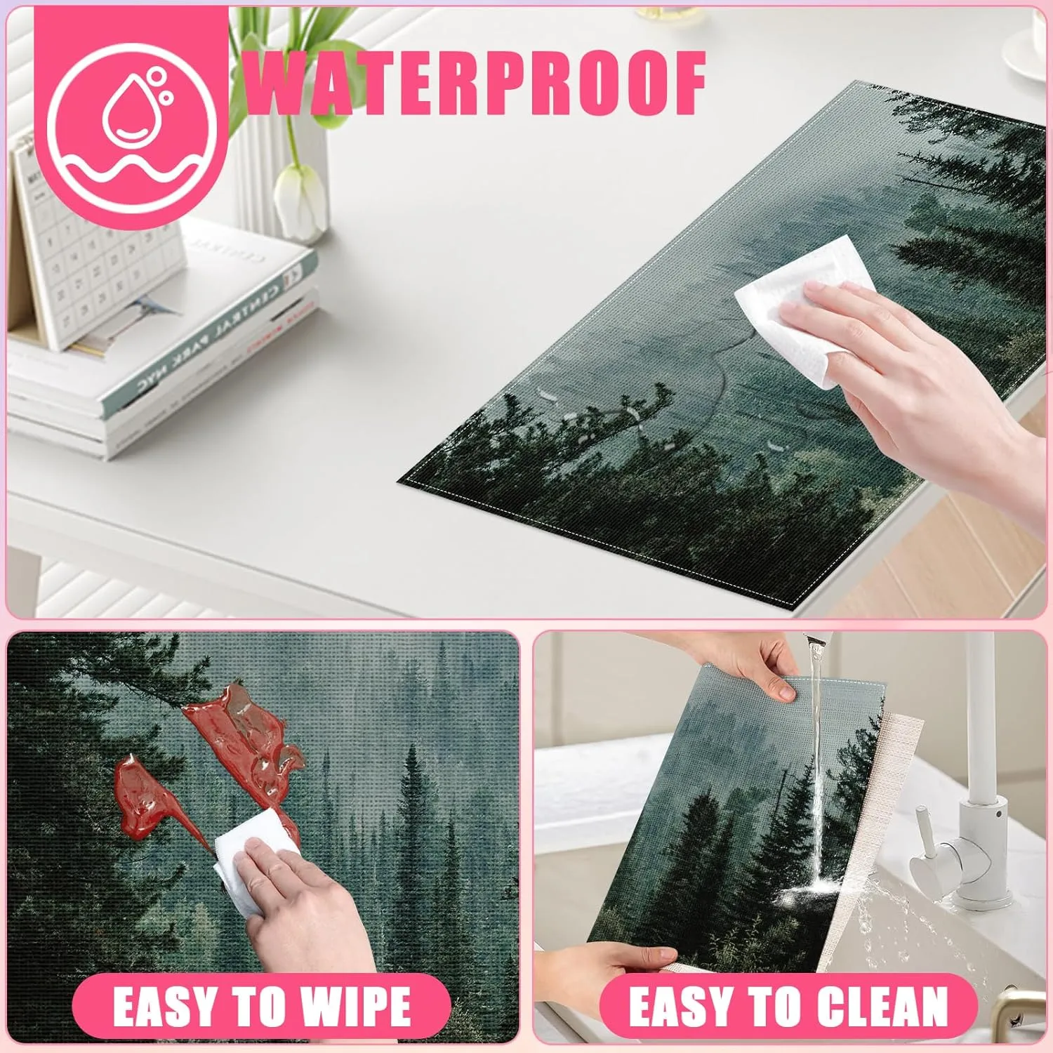 Green Misty Forest Placemats Set of 6,12x18 Inch Mountain Linen Place Mat Washable Stain Resistant Table Mats for Spring Summer Seasonal Farmhouse Kitchen Party Home Decor
