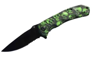 Green Skull Head Black Blade Folding Knife - 8" with Belt Clip