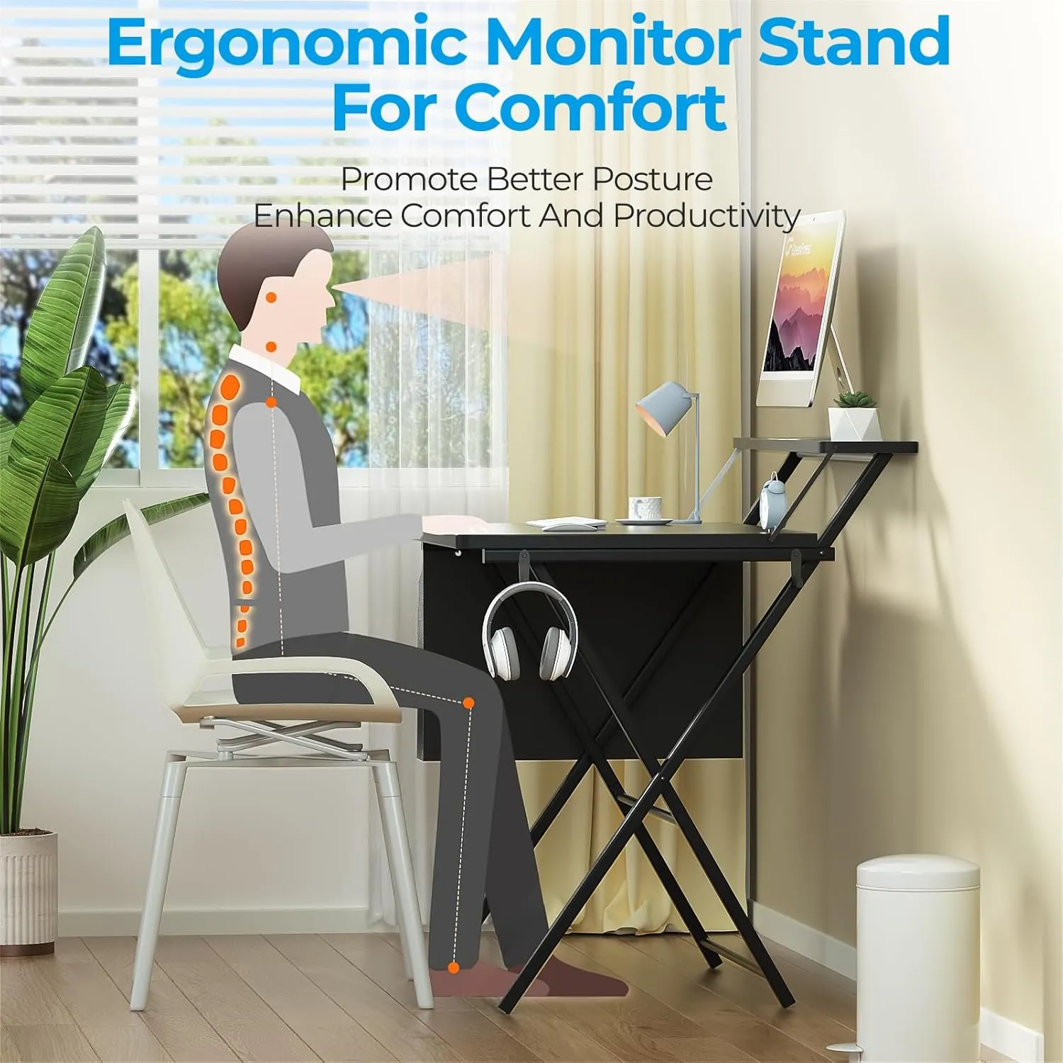 GreenForest Folding Desk for Small Spaces, 23.6 inch Foldable Table with Storage Bag, 2-Tier Portable Computer Desk with Monitor Stand for Home Bedroom, Black