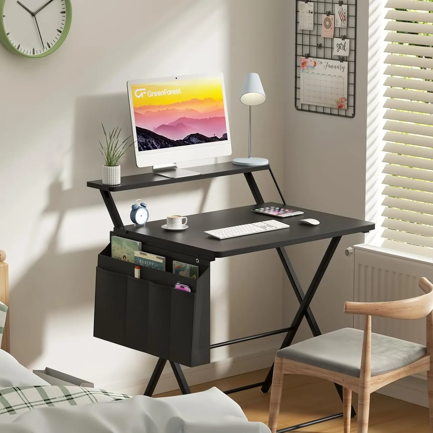 GreenForest Folding Desk for Small Spaces, 23.6 inch Foldable Table with Storage Bag, 2-Tier Portable Computer Desk with Monitor Stand for Home Bedroom, Black