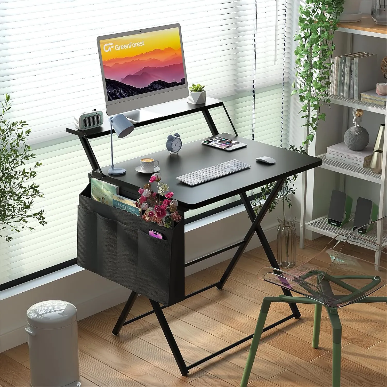 GreenForest Folding Desk for Small Spaces, 23.6 inch Foldable Table with Storage Bag, 2-Tier Portable Computer Desk with Monitor Stand for Home Bedroom, Black