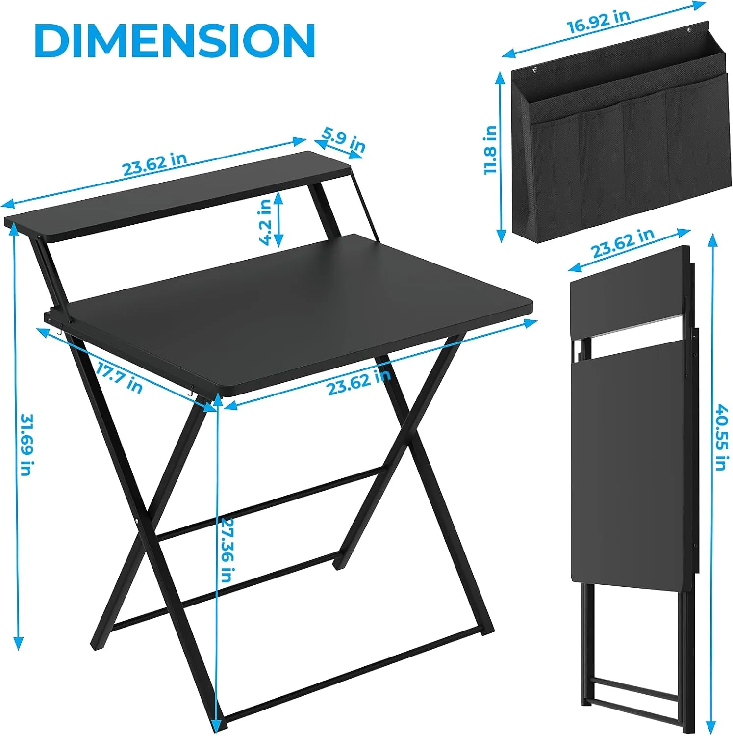 GreenForest Folding Desk for Small Spaces, 23.6 inch Foldable Table with Storage Bag, 2-Tier Portable Computer Desk with Monitor Stand for Home Bedroom, Black