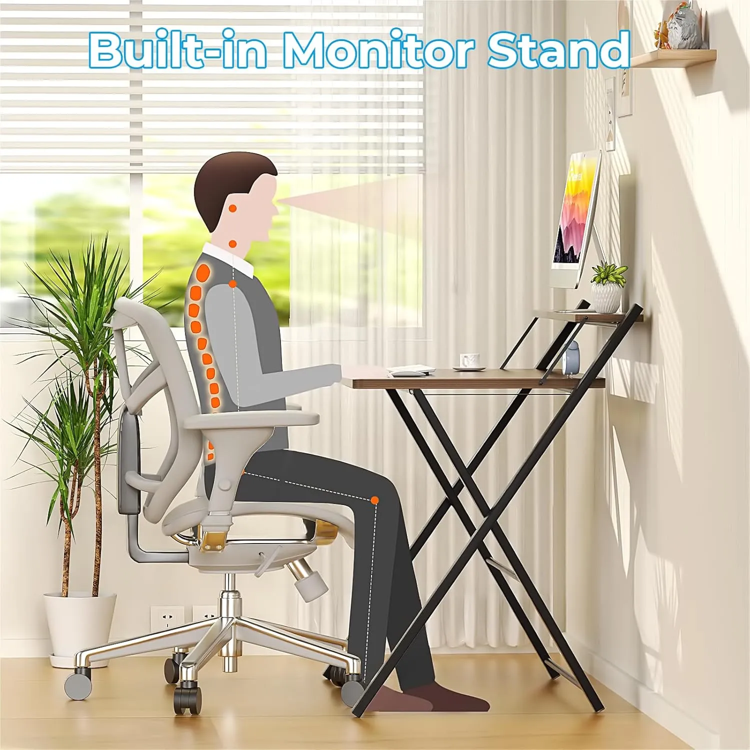GreenForest Folding Desk No Assembly Required Small Size, 2-Tier Foldable Computer Desk with Shelf for Home Office, Space Saving Portable Laptop Study Foldable Table for Small Spaces, Brown