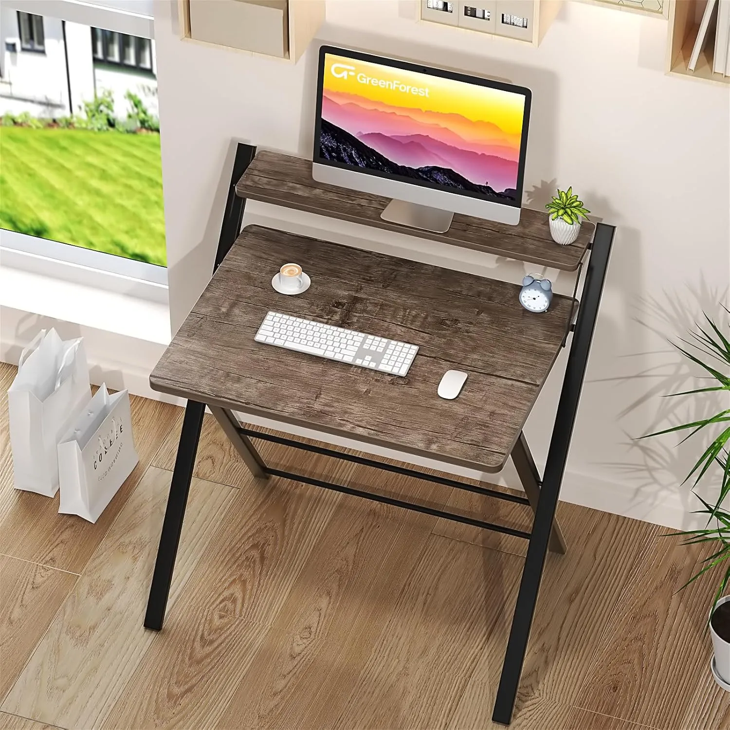 GreenForest Folding Desk No Assembly Required Small Size, 2-Tier Foldable Computer Desk with Shelf for Home Office, Space Saving Portable Laptop Study Foldable Table for Small Spaces, Brown