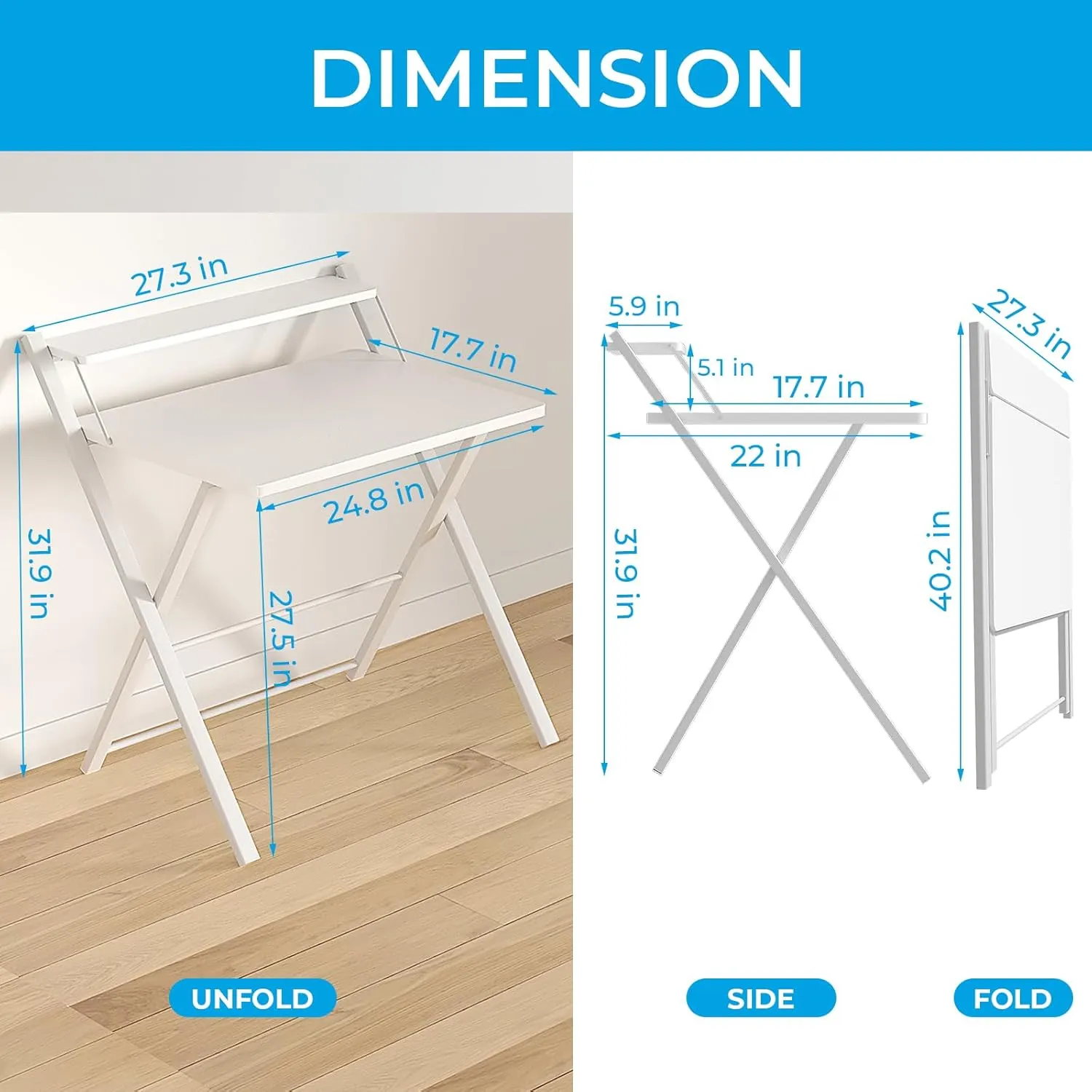 GreenForest Folding Desk No Assembly Required Small Size, 2-Tier Foldable Computer Desk with Shelf for Home Office, Space Saving Portable Laptop Study Foldable Table for Small Spaces, White