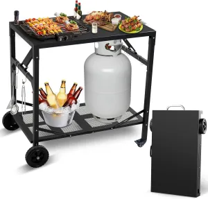 Grill Cart Outdoor with 4 Wheels - Foldable Pizza Oven Stand Table, Portable Dining Cart Table for Outdoor, BBQ, Indoor, Kitchen Black