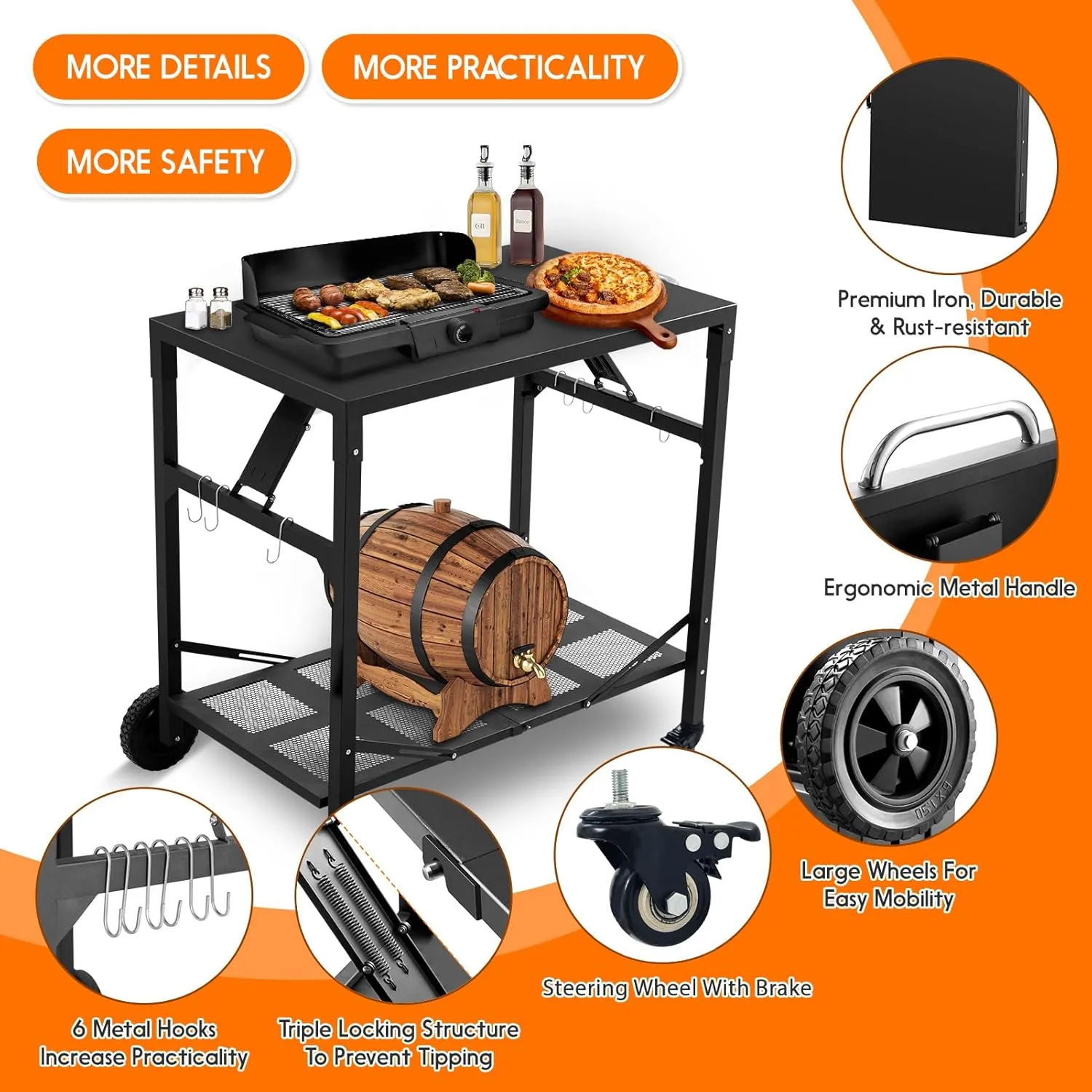 Grill Cart Outdoor with 4 Wheels - Foldable Pizza Oven Stand Table, Portable Dining Cart Table for Outdoor, BBQ, Indoor, Kitchen Black