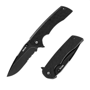 GRITR Stealth Folding Pocket Knife w/ 3.5" Partially Serrated D2 Steel Blade & Stonewashed Finish - Flipper Knife for Military, Hunting, Camping, Hiking - EDC Utility Pocket Knife for Women & Men