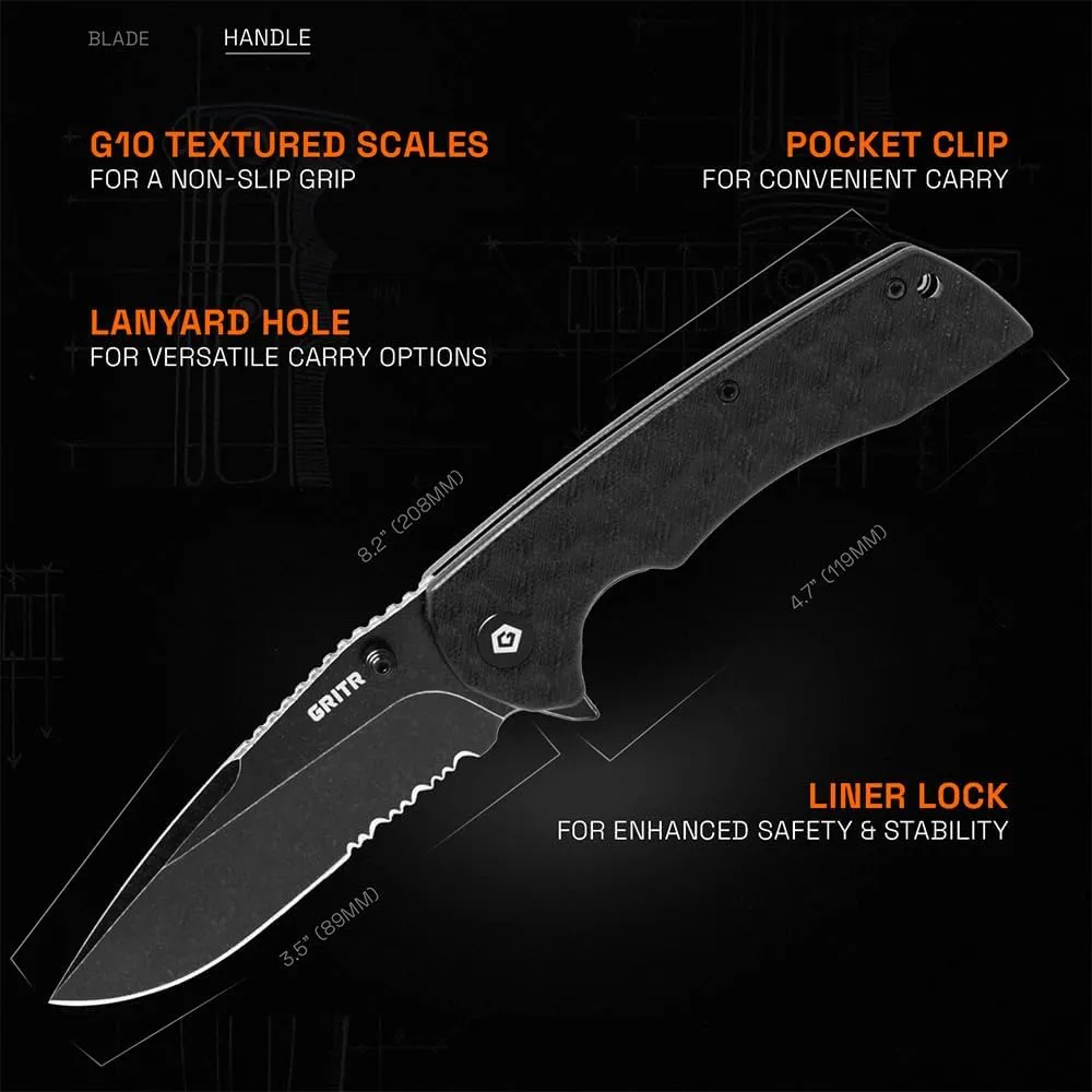 GRITR Stealth Folding Pocket Knife w/ 3.5" Partially Serrated D2 Steel Blade & Stonewashed Finish - Flipper Knife for Military, Hunting, Camping, Hiking - EDC Utility Pocket Knife for Women & Men