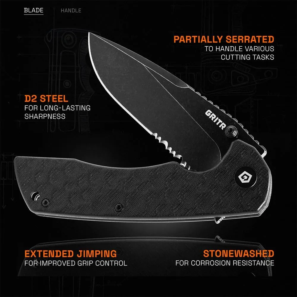 GRITR Stealth Folding Pocket Knife w/ 3.5" Partially Serrated D2 Steel Blade & Stonewashed Finish - Flipper Knife for Military, Hunting, Camping, Hiking - EDC Utility Pocket Knife for Women & Men