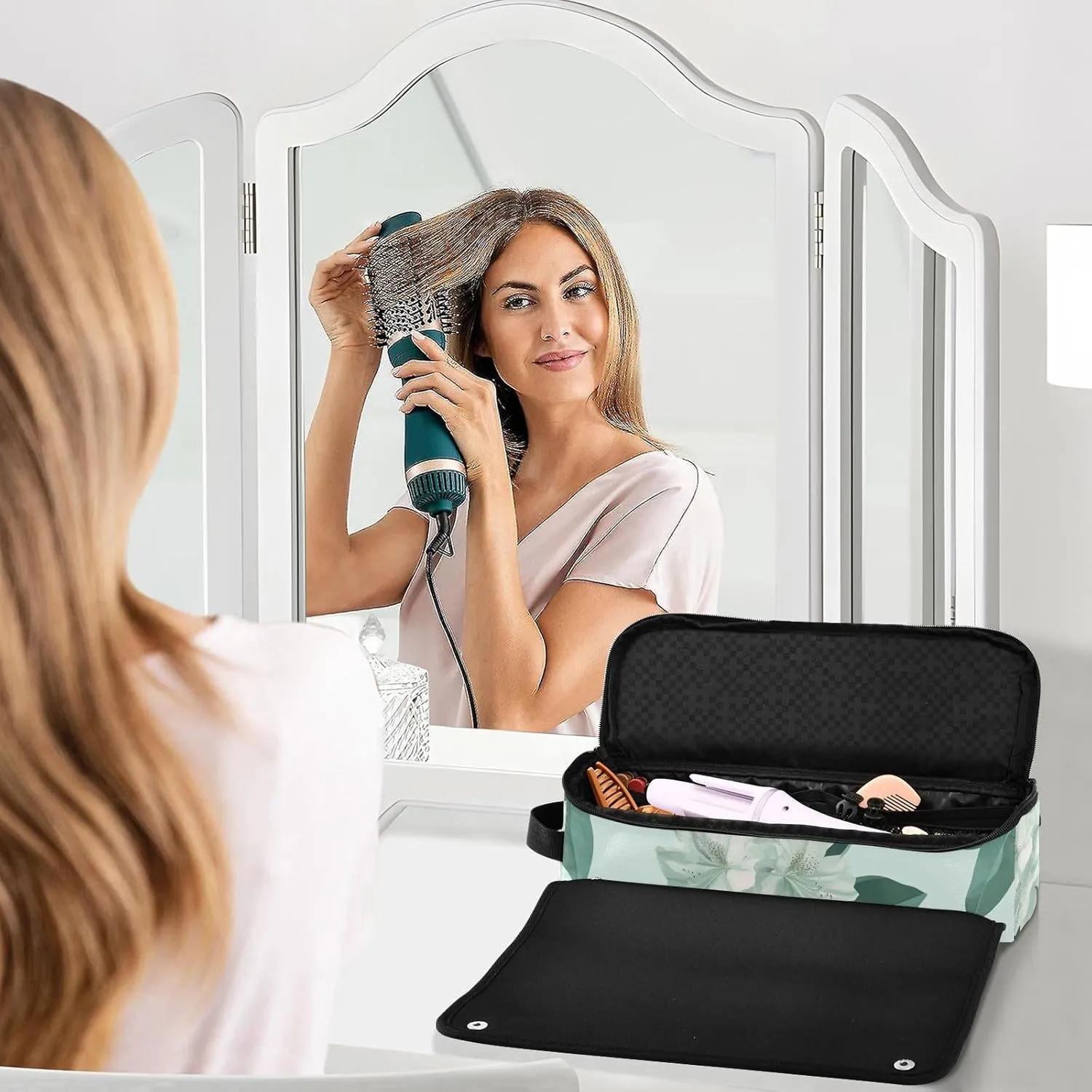 Hair Tools Travel Bag and Heat Resistant Mat Hot Tools Organizer Curling Iron Travel Case for Flat Irons Haircare Accessories Azalea Quietly Elegant Green