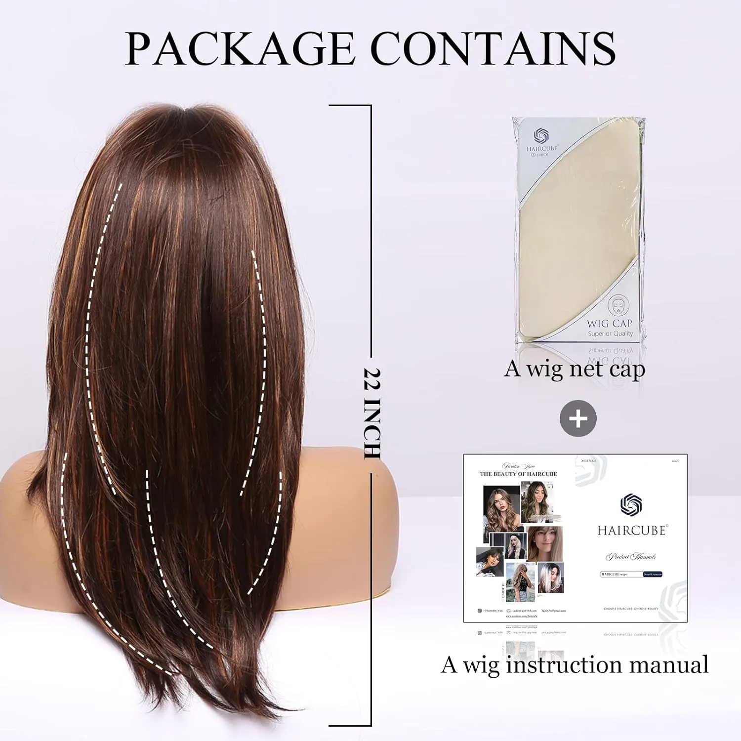 HAIRCUBE Brown Wigs for Women Highlight Wigs with Bangs Long Straight Layered Heat Resistant Synthetic Wigs