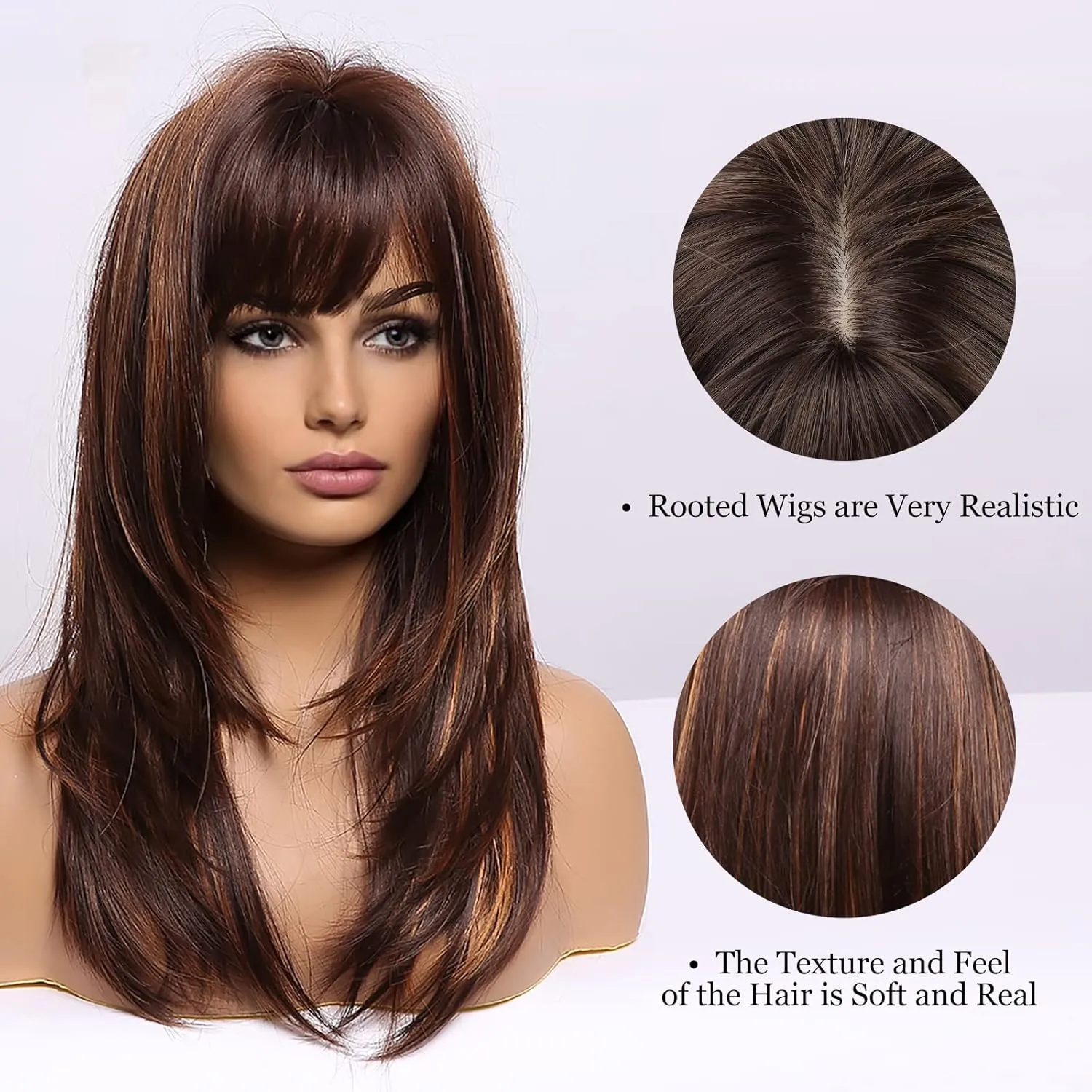 HAIRCUBE Brown Wigs for Women Highlight Wigs with Bangs Long Straight Layered Heat Resistant Synthetic Wigs