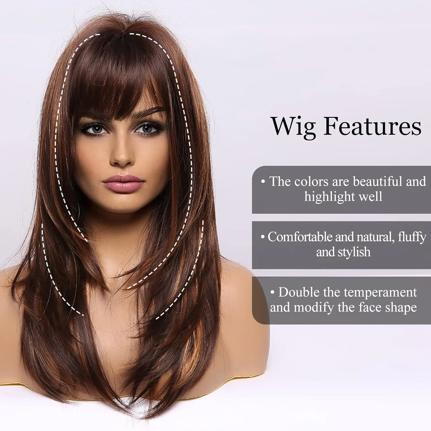 HAIRCUBE Brown Wigs for Women Highlight Wigs with Bangs Long Straight Layered Heat Resistant Synthetic Wigs