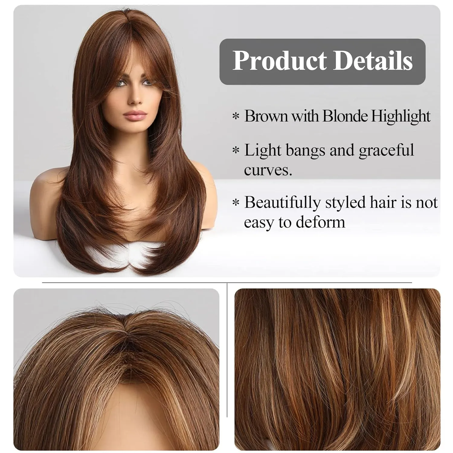 HAIRCUBE Brown Wigs for Women,Long Layered Brown with Blonde Highlight Wigs with Bangs Heat Resistant Synthetic Fibre Wigs(pelucas de cabello natural)