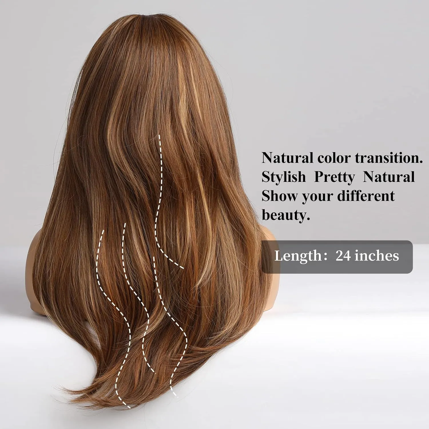 HAIRCUBE Brown Wigs for Women,Long Layered Brown with Blonde Highlight Wigs with Bangs Heat Resistant Synthetic Fibre Wigs(pelucas de cabello natural)