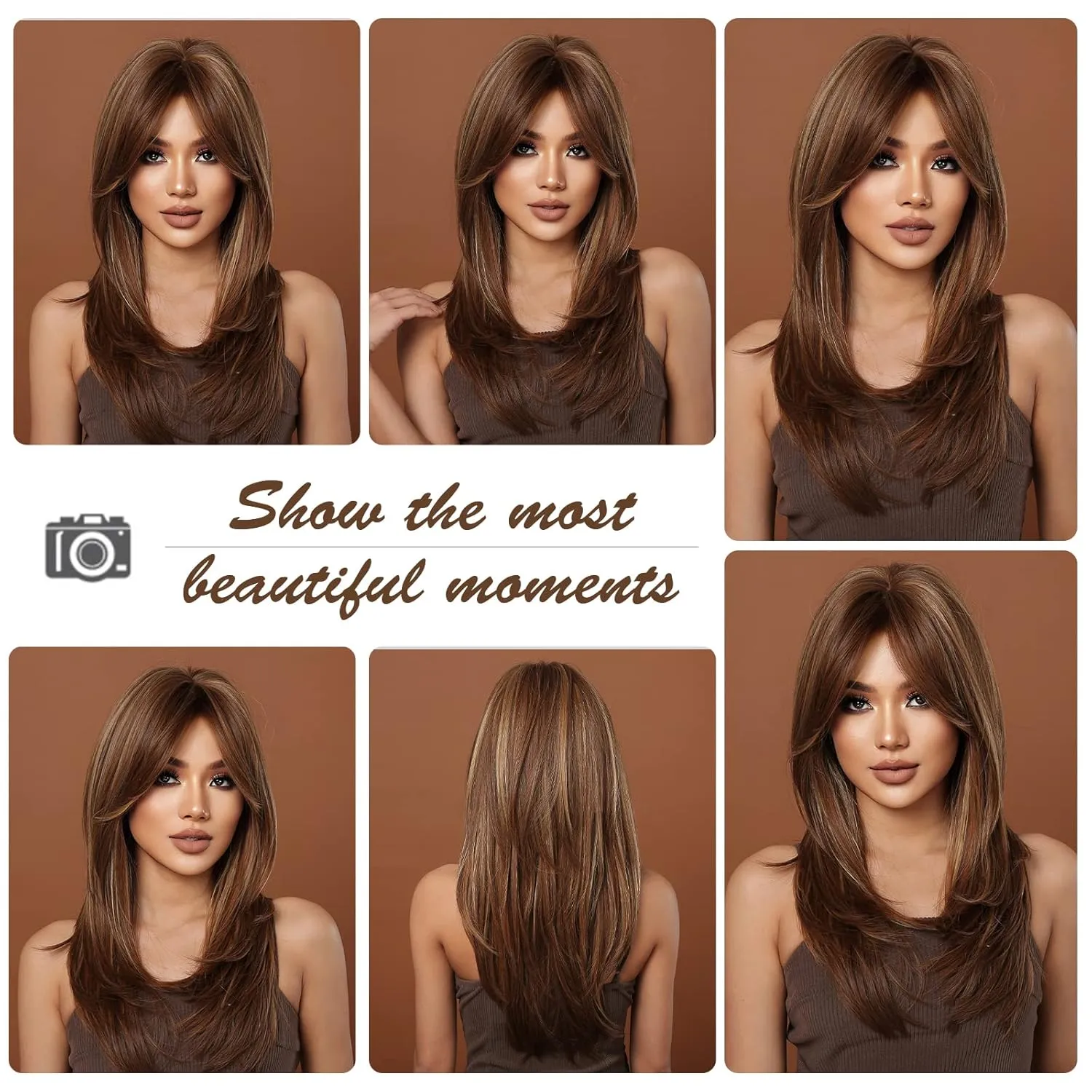HAIRCUBE Brown Wigs for Women,Long Layered Brown with Blonde Highlight Wigs with Bangs Heat Resistant Synthetic Fibre Wigs(pelucas de cabello natural)