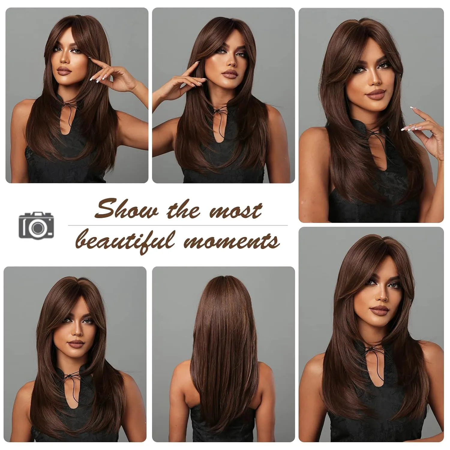 HAIRCUBE Brown Wigs for Women,Long Layered Wigs with Bangs Heat Resistant Synthetic Fibre Wigs(pelucas de cabello natural)